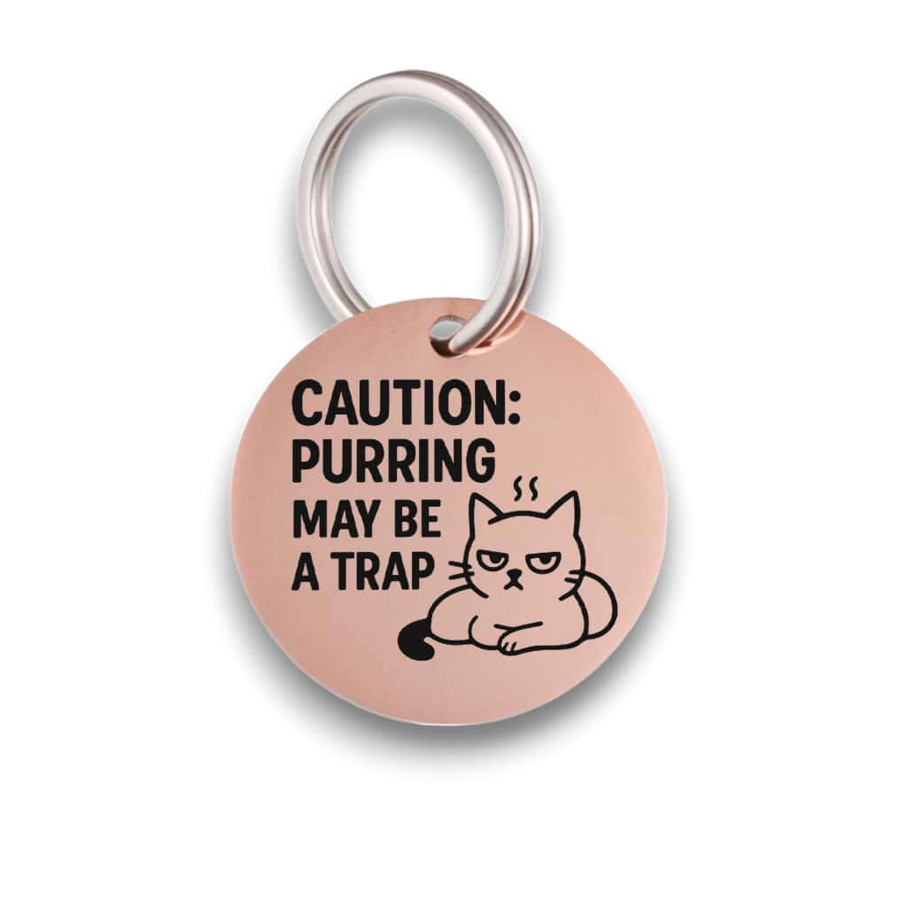 Funny rose gold pet ID tag for dogs and cats with the engraved text 'Caution:purring may be a trap' - Tag4MyPet