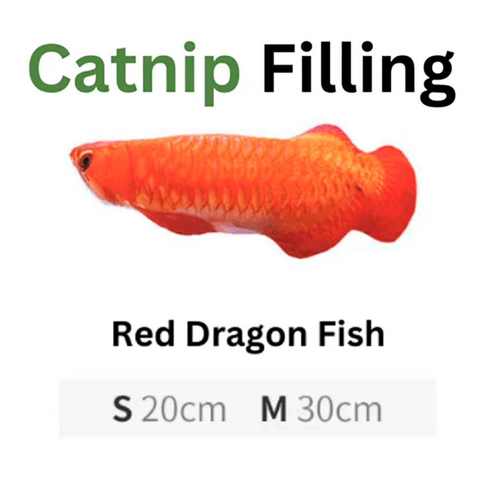 100% Catnip Filled - Red Dragon Fish 20CM toy with vibrant colors and sizes S 20cm M 30cm for cats.