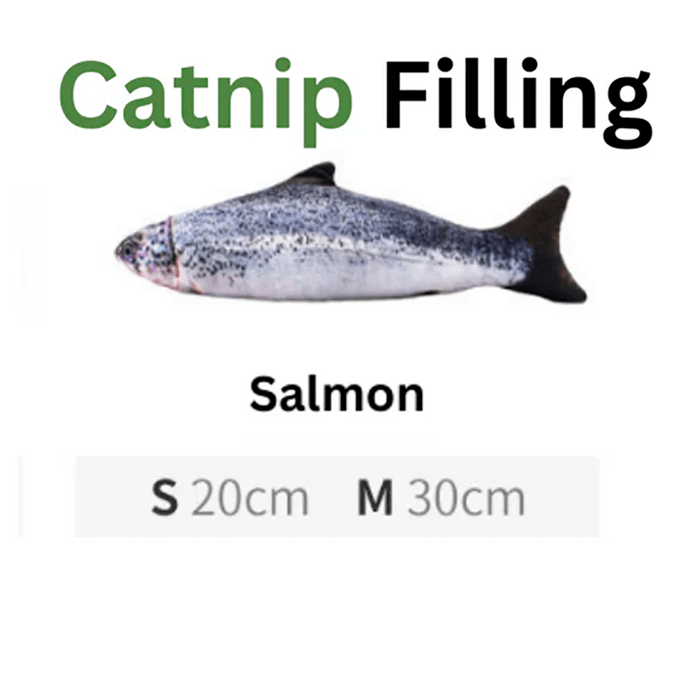 Catnip Salmon Cuddle Toy – Realistic fish-shaped cat toy filled with 100% natural catnip for active, healthy, and happy cats. Small 20CM and M 30CM 