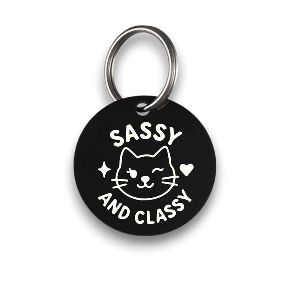 Funny black pet ID tag for dogs and cats with the engraved text 'Sassy And Classy' - Tag4MyPet
