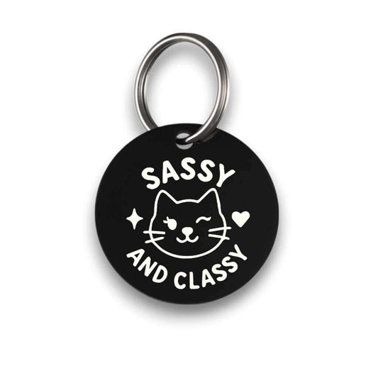 Funny black pet ID tag for dogs and cats with the engraved text 'Sassy And Classy' - Tag4MyPet