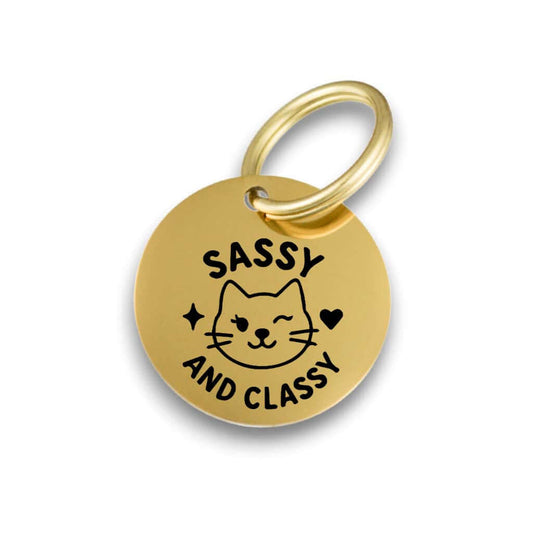 Funny gold pet ID tag for dogs and cats with the engraved text 'Sassy And Classy' - Tag4MyPet