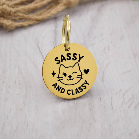 Funny gold pet ID tag with 'Sassy And Classy' engraved — personalized dog or cat tag for pet safety and identification.
