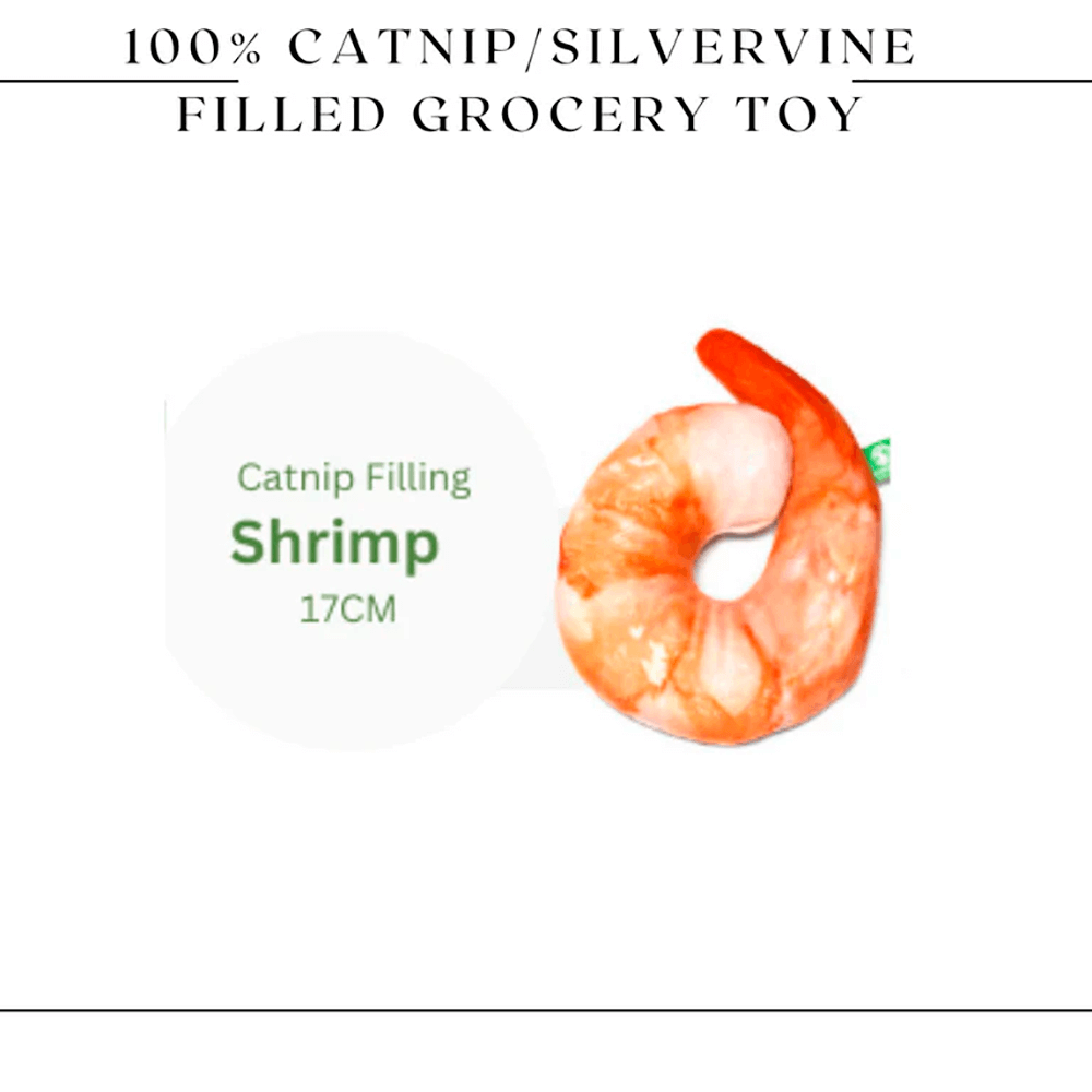 Catnip Shrimp Cuddle Toy 17CM – Soft, bite-resistant shrimp toy filled with pure catnip to encourage playful chewing and exercise. 