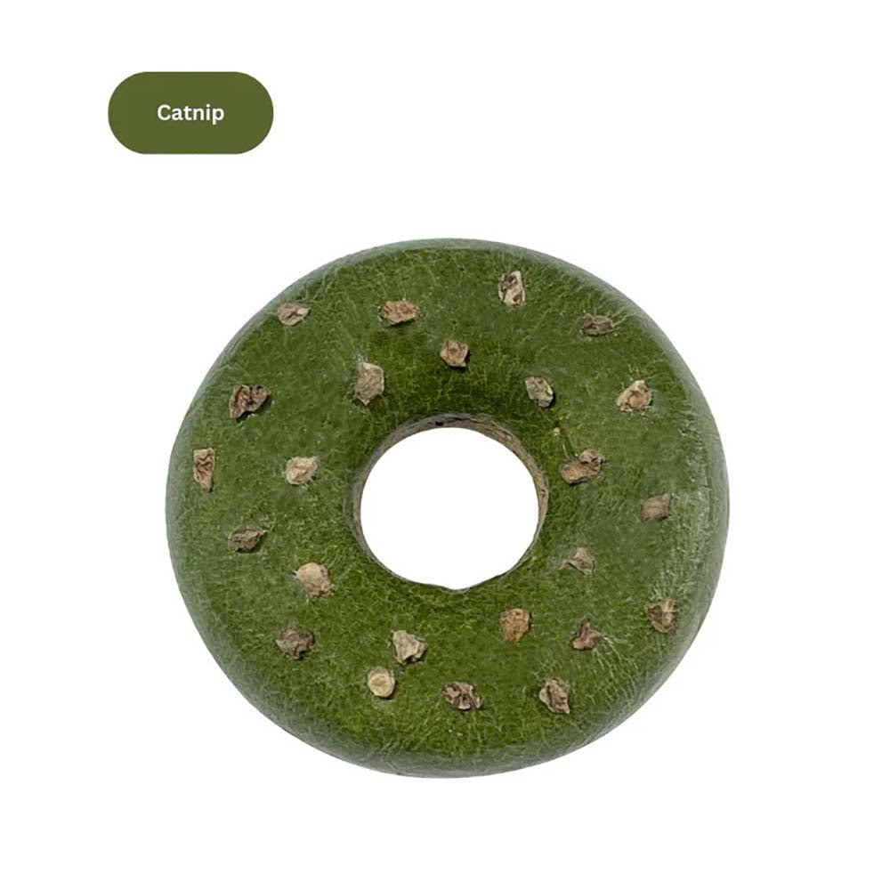 Catnip-flavored donut-shaped cat toy with small textured bits on top.