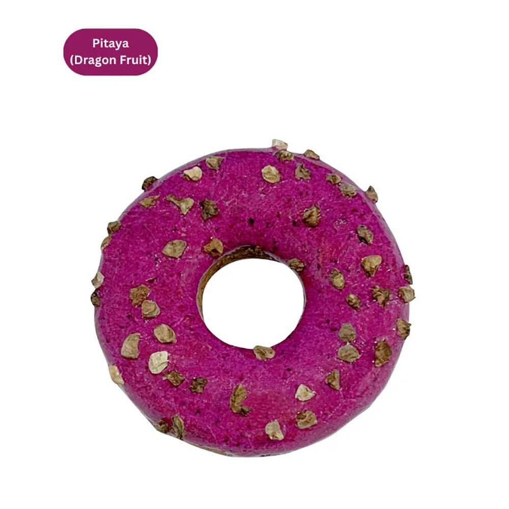 Pitaya-flavored donut-shaped cat toy with small textured bits on top.