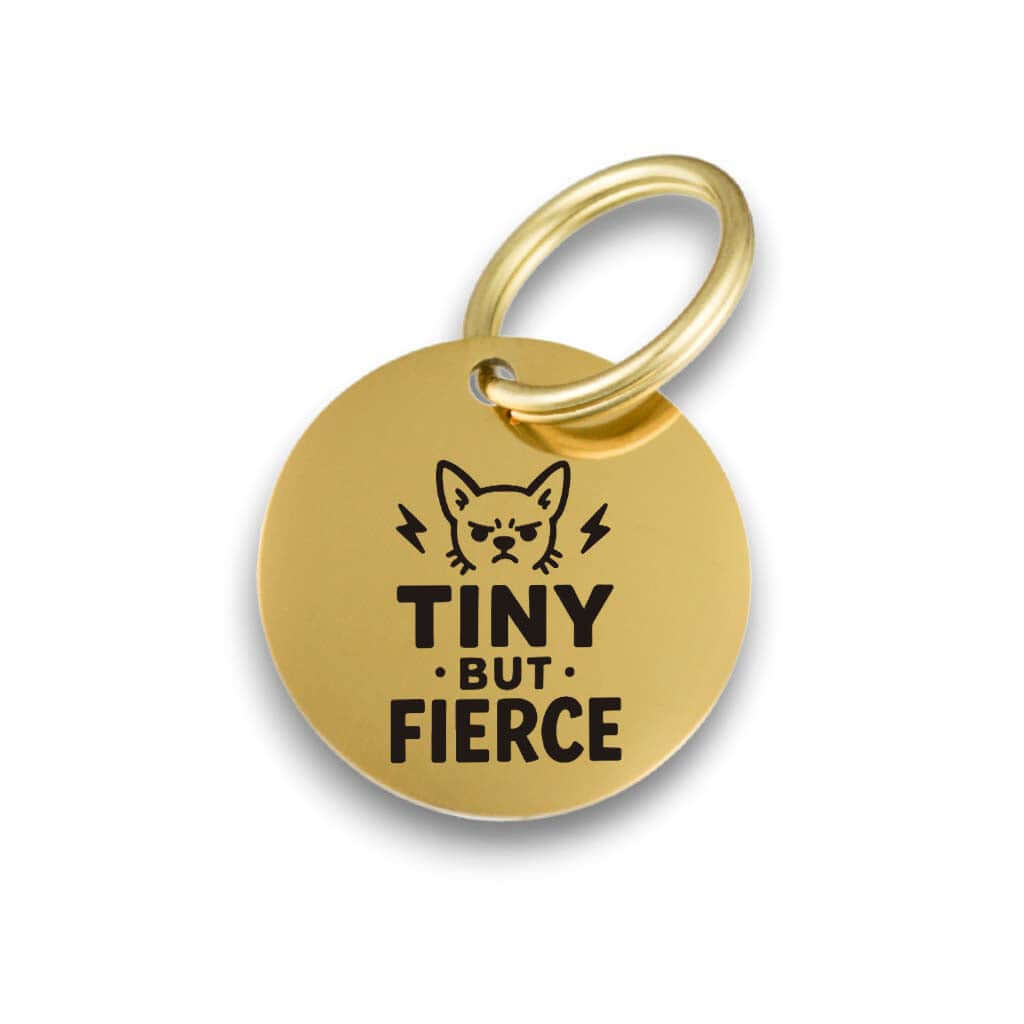 Funny gold pet ID tag for dogs and cats with the engraved text 'Tiny but fierce' - Tag4MyPet