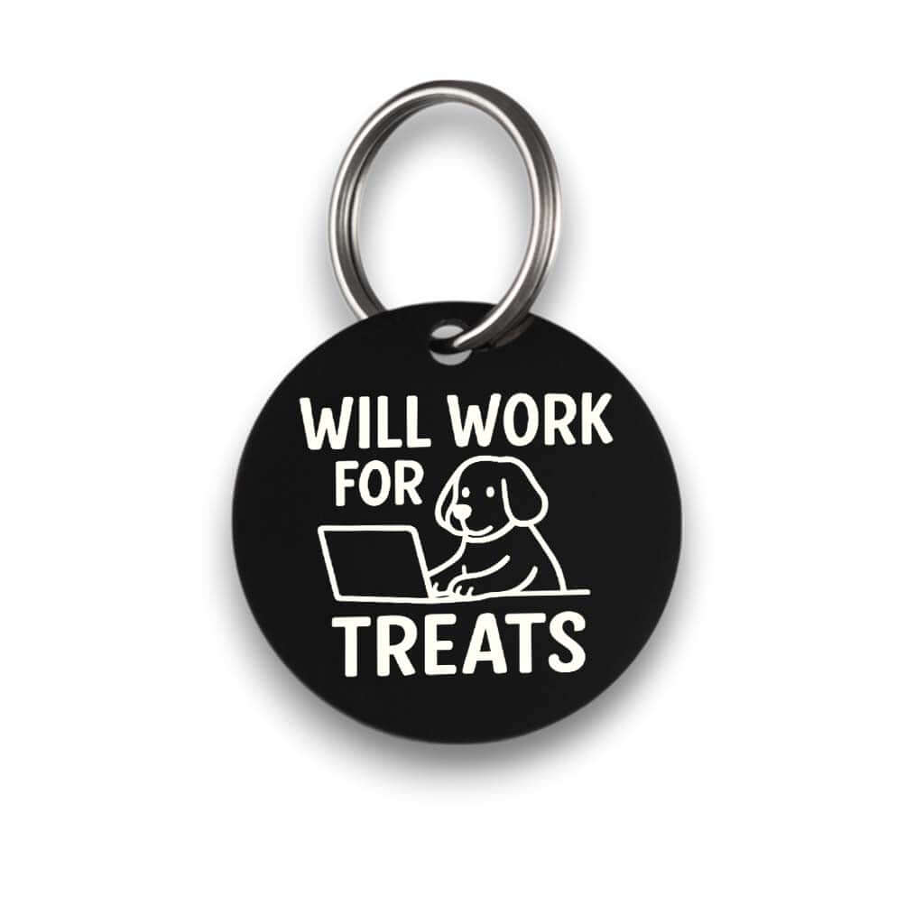 Funny black pet ID tag for dogs and cats with the engraved text 'Will work for treats' - Tag4MyPet