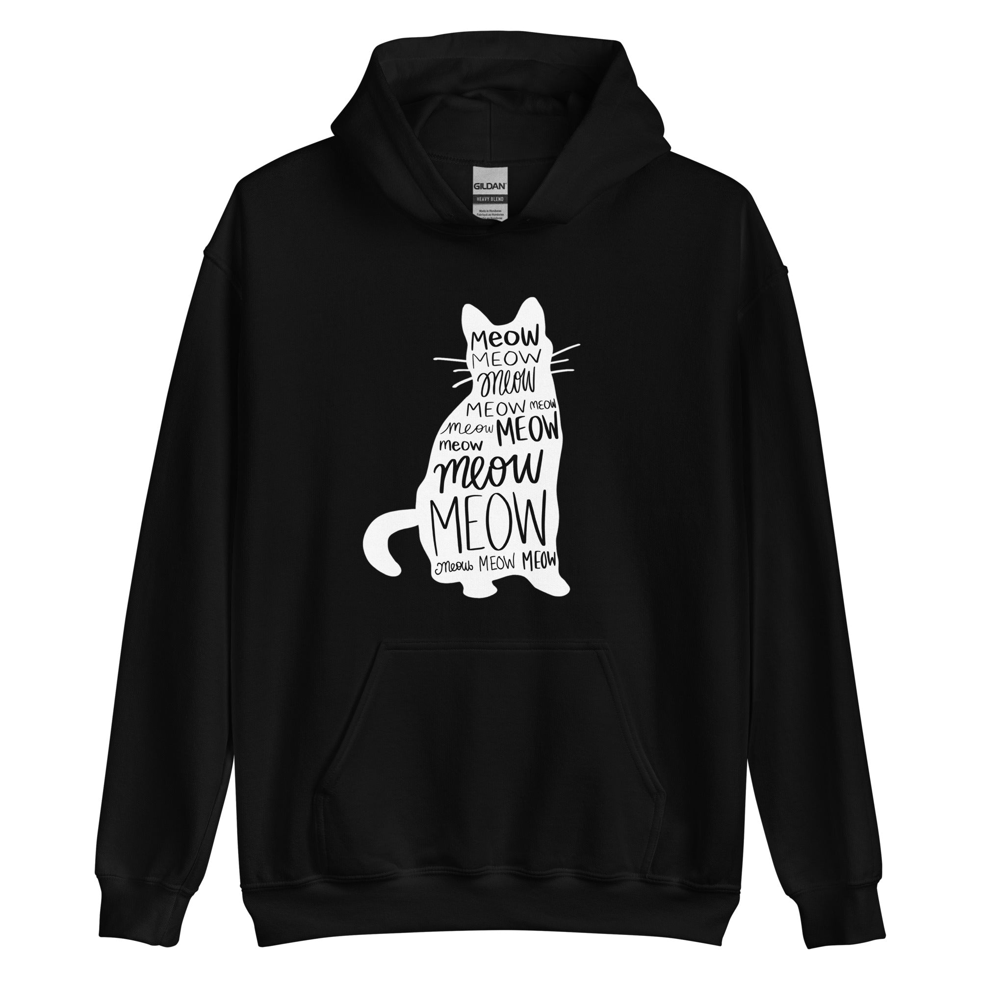 Black cat hoodie with meow text