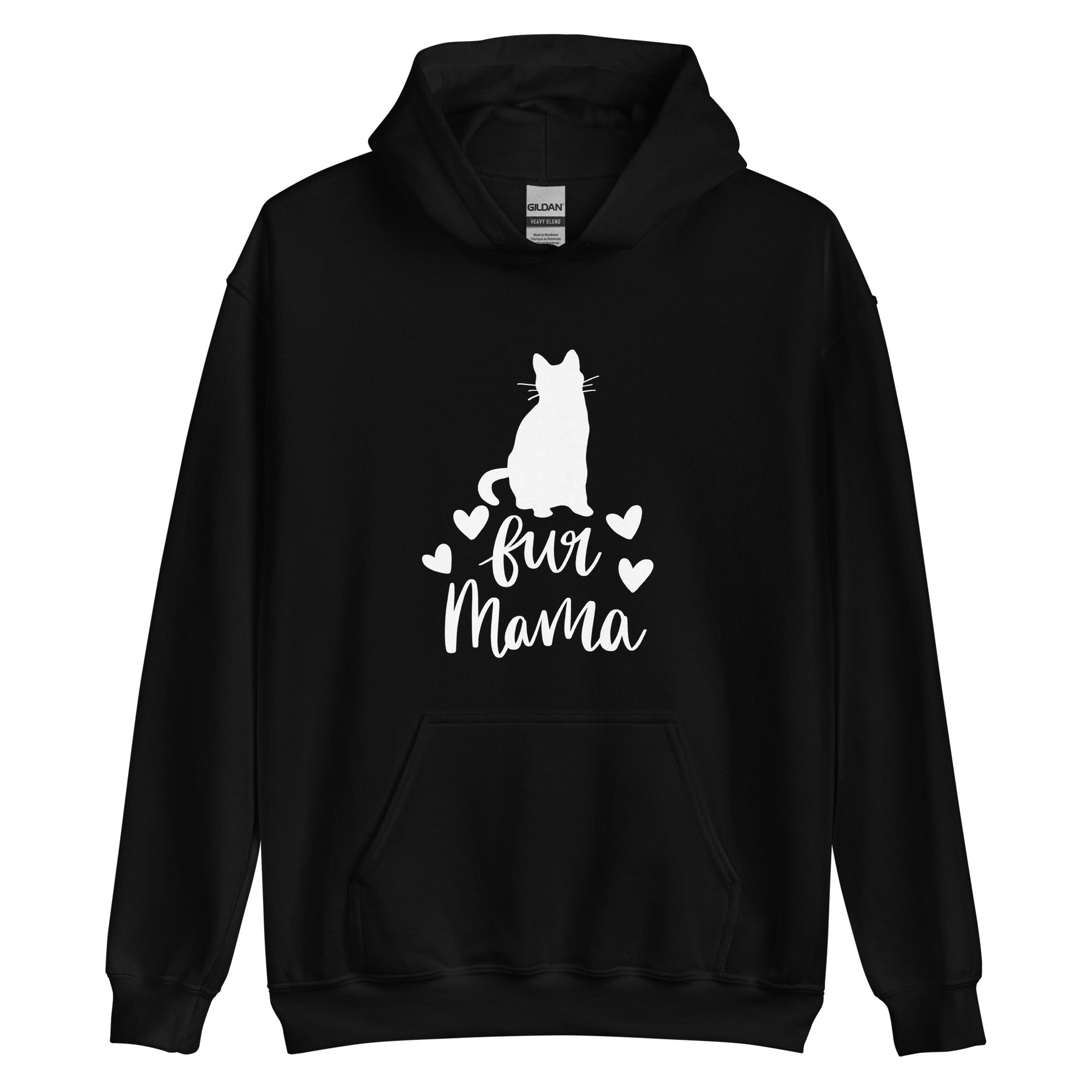 Black hoodie with "fur mama" cursive text and cat silhouette and 4 hearts