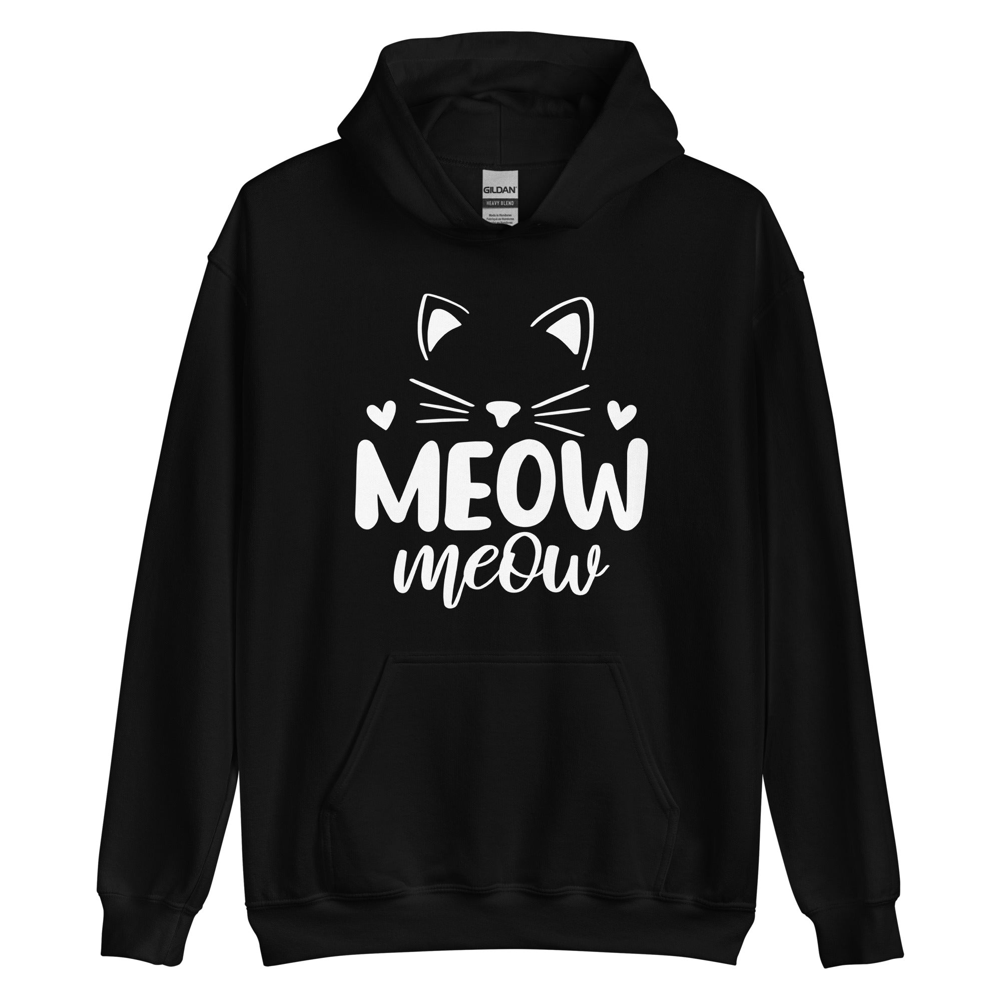 Black hoodie with cat head outline over "meow meow" text