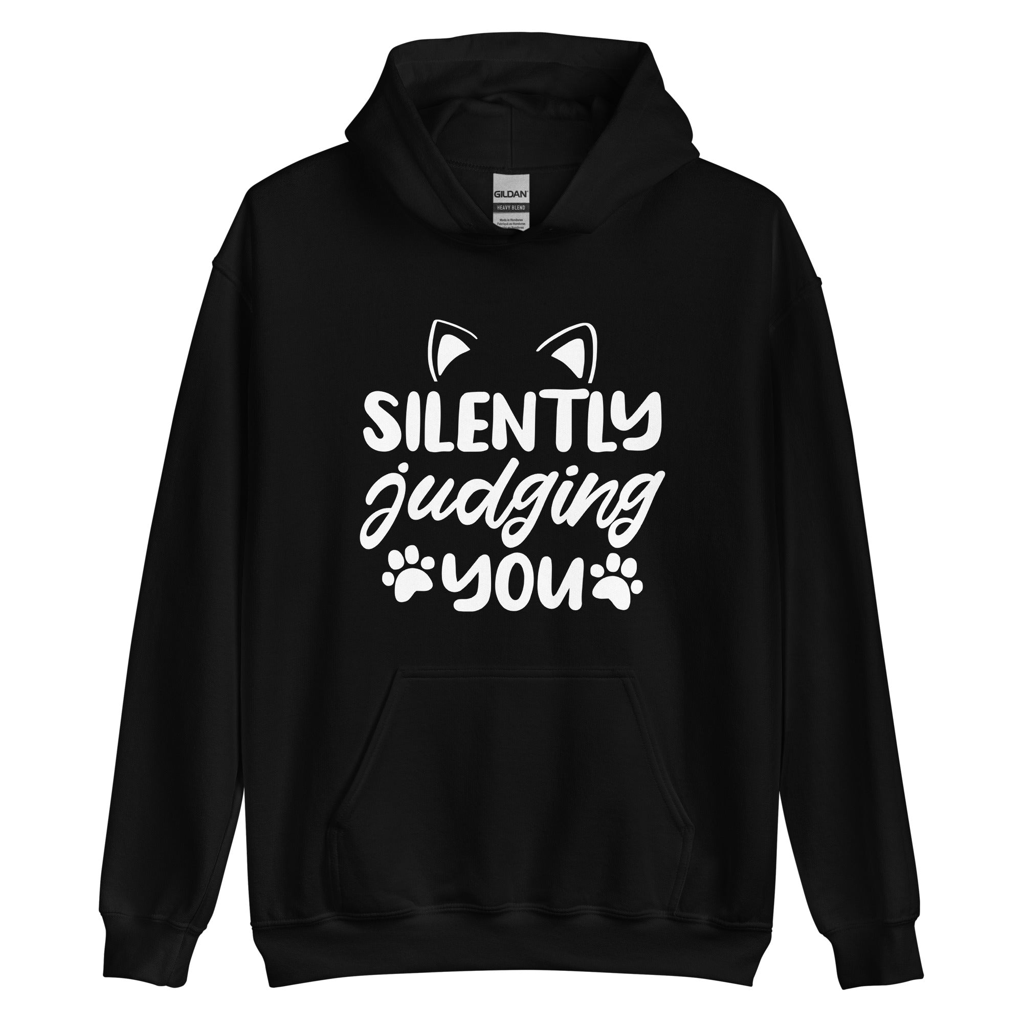 Black cat hoodie with "silently judging hoodie" text and cat ear and paw print graphics