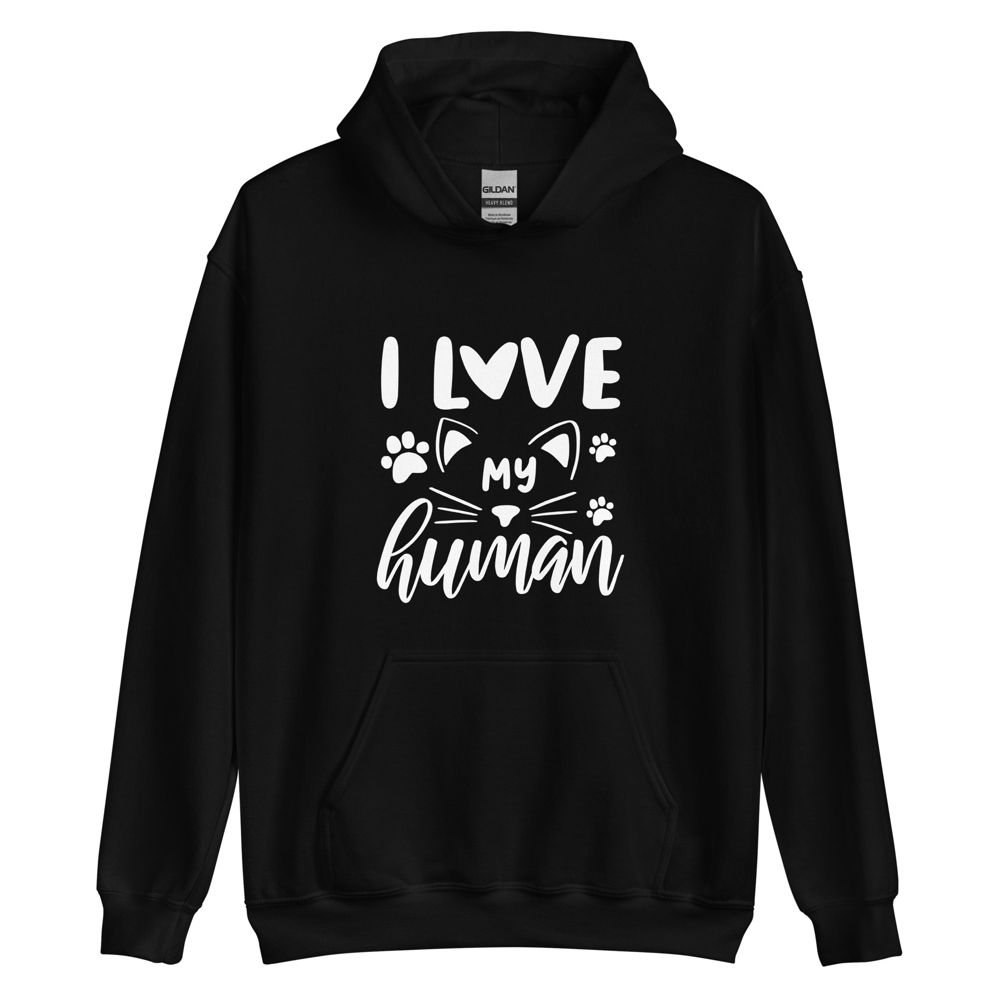 Black cat hoodie "I love my human" text over cat with pawprints 