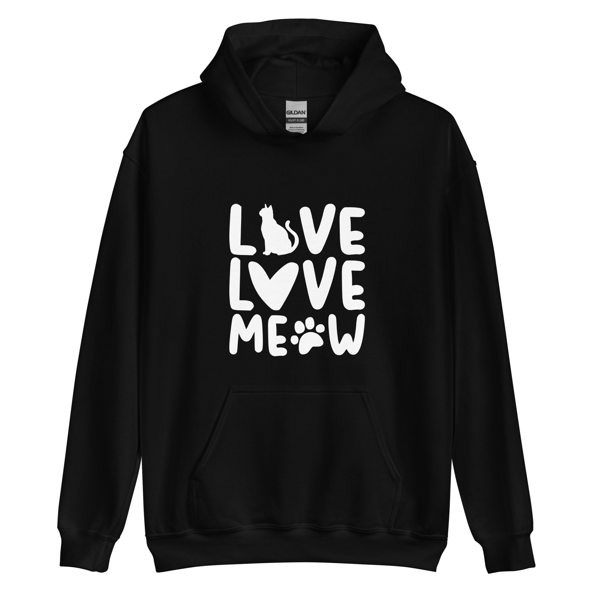 Black cat hoodie with "Live Love Meow" stylized text