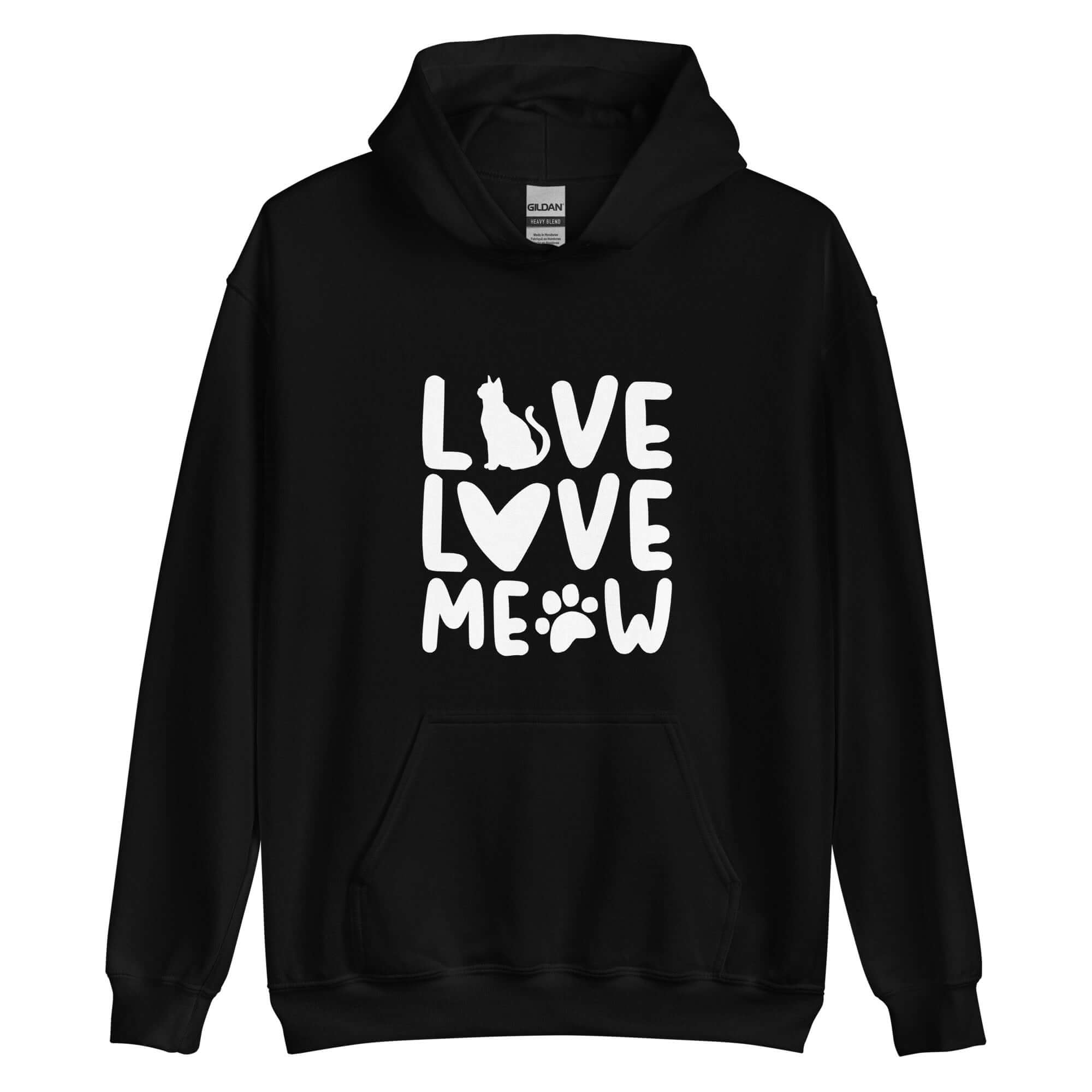 Black cat hoodie with "Live Love Meow" stylized text