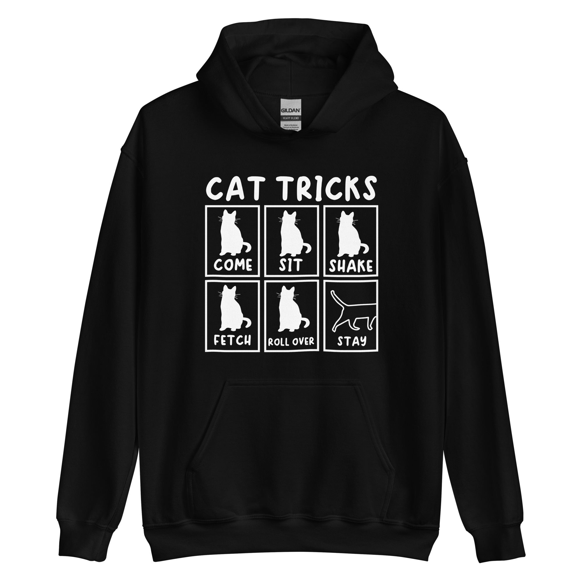 Black Cat Tricks hoodie with pictures of cats performing tricks