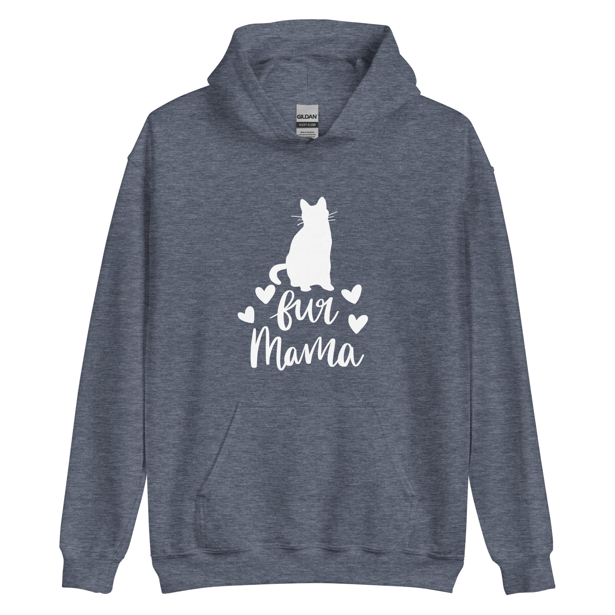 Grey hoodie with "fur mama" cursive text and cat silhouette and 4 hearts