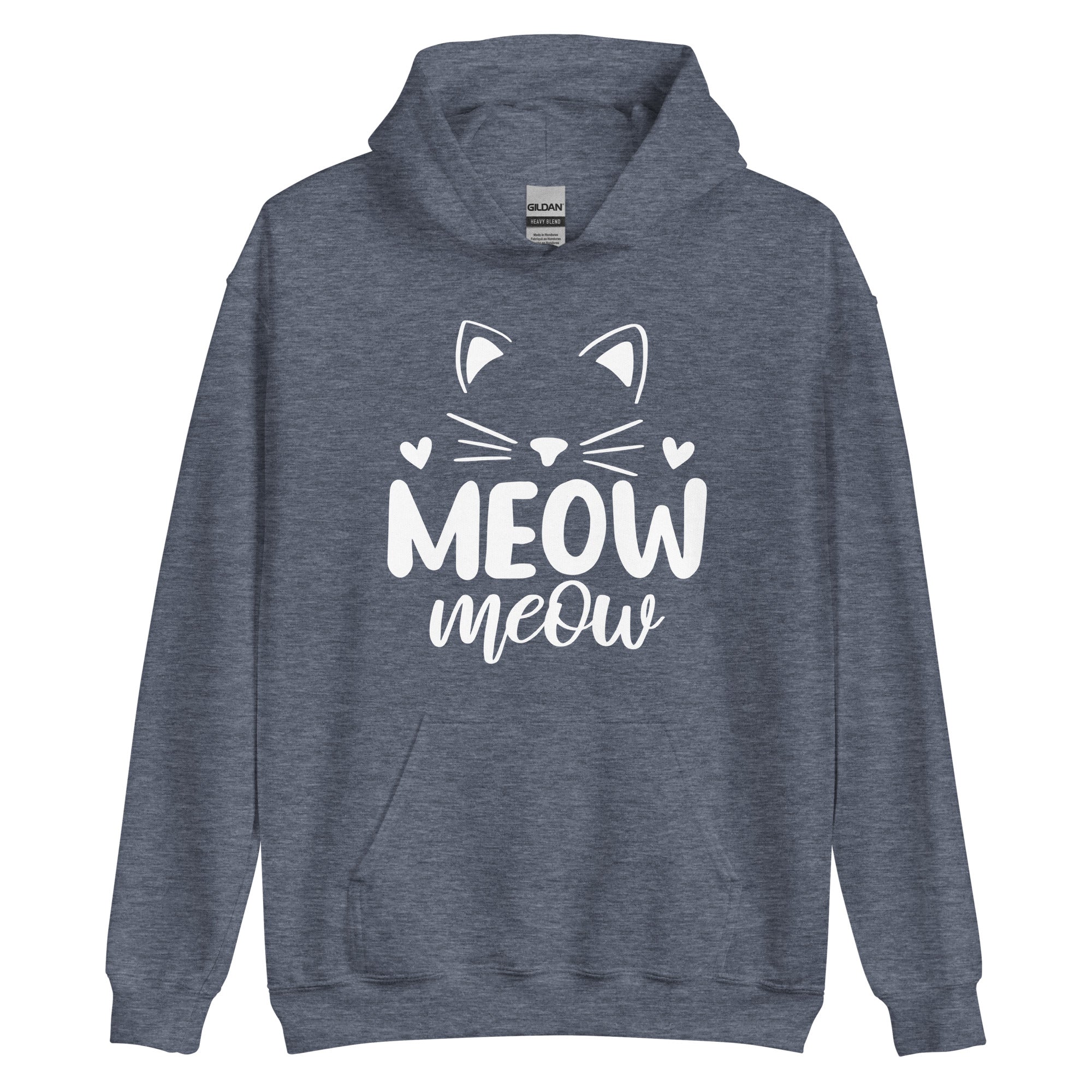 Grey hoodie with cat head outline over "meow meow" text