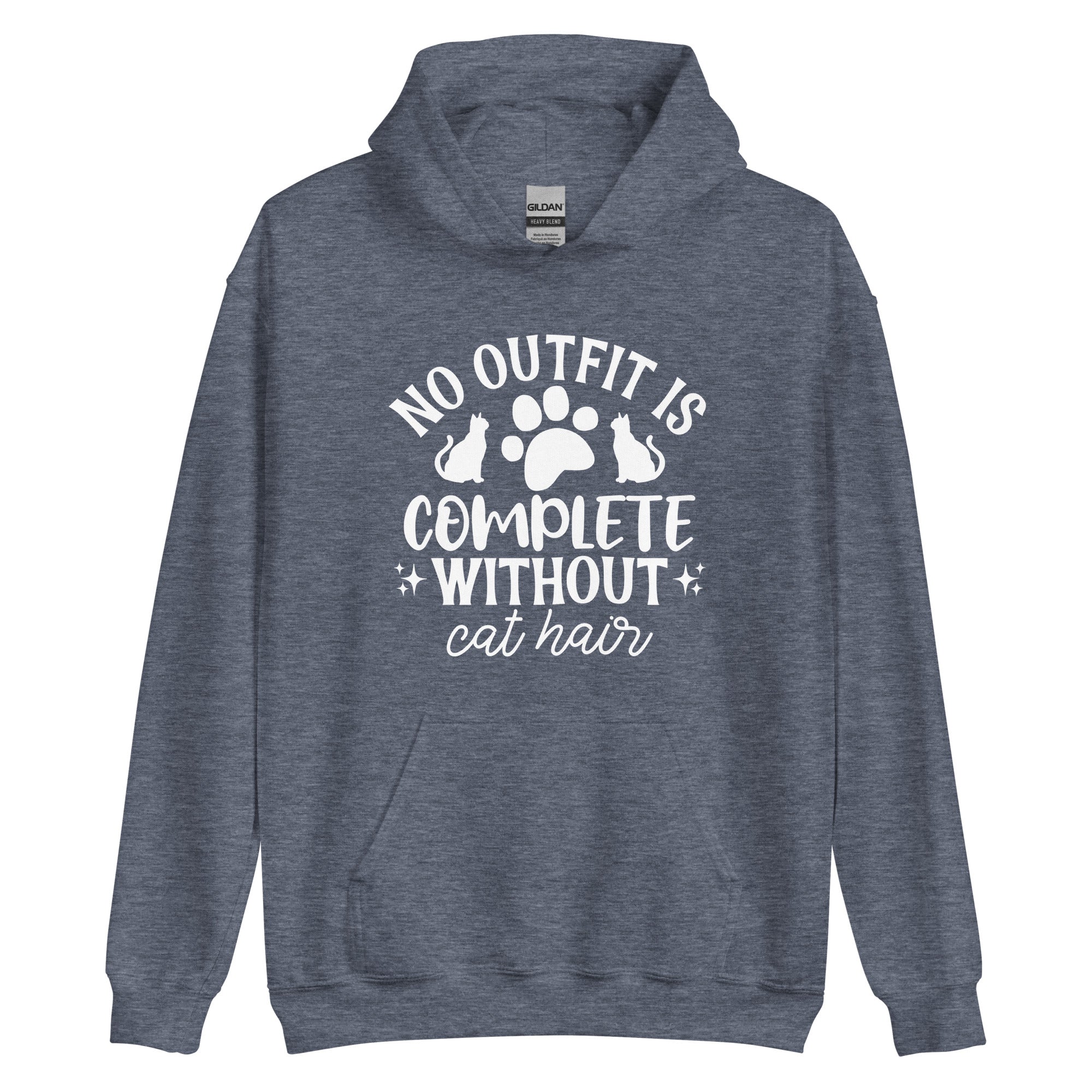 Grey hoodie with text "No outfit is complete without cat hair" with a paw print and 2 cats