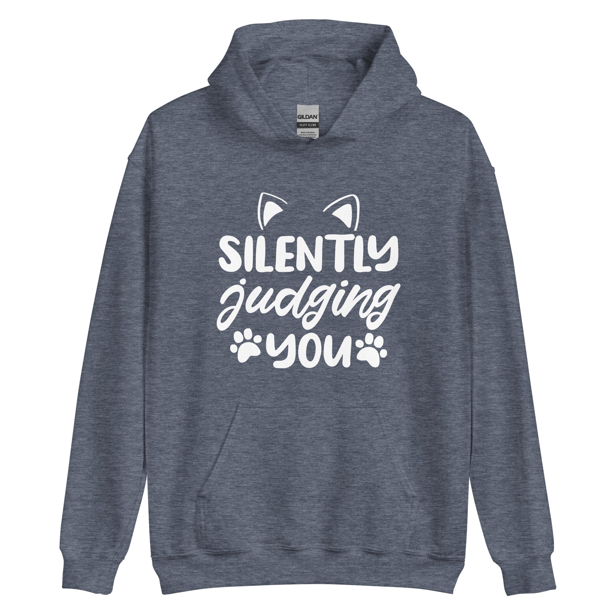 Grey cat hoodie with "silently judging hoodie" text and cat ear and paw print graphics