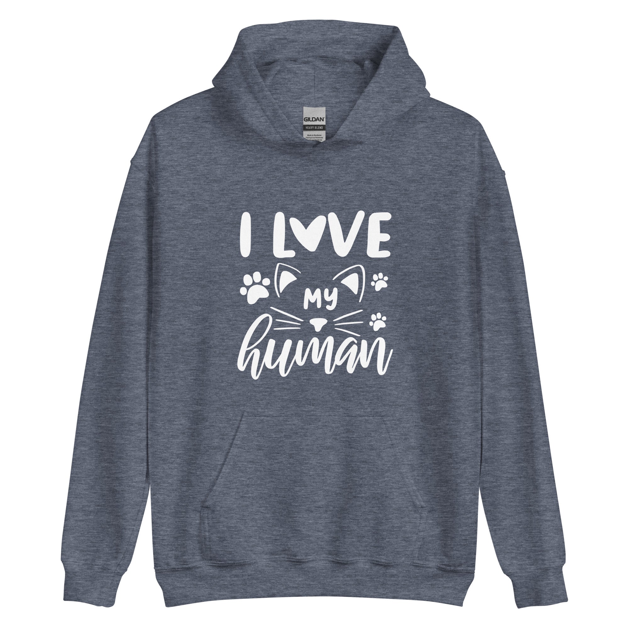 Grey cat hoodie "I love my human" text over cat with pawprints 