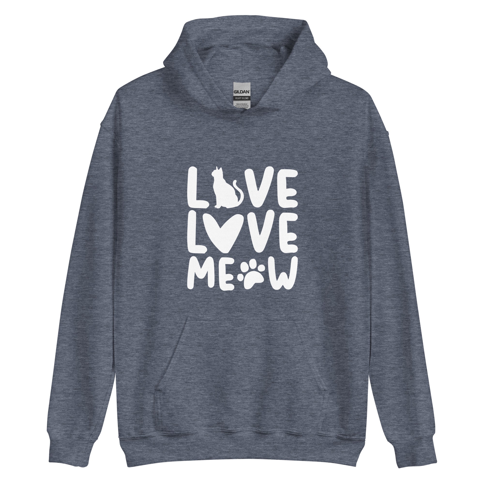 Grey cat hoodie with "Live Love Meow" stylized text