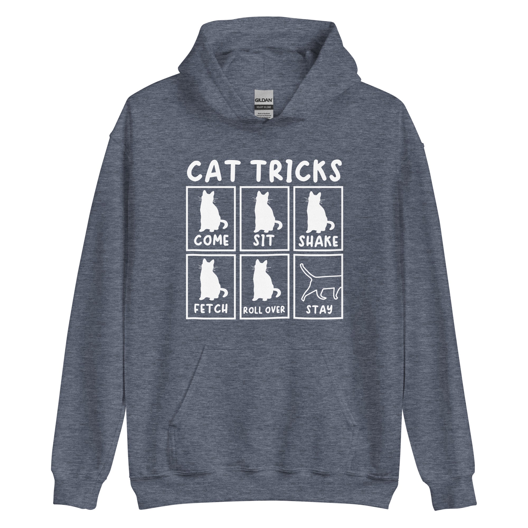 Grey Cat Tricks hoodie with pictures of cats performing tricks