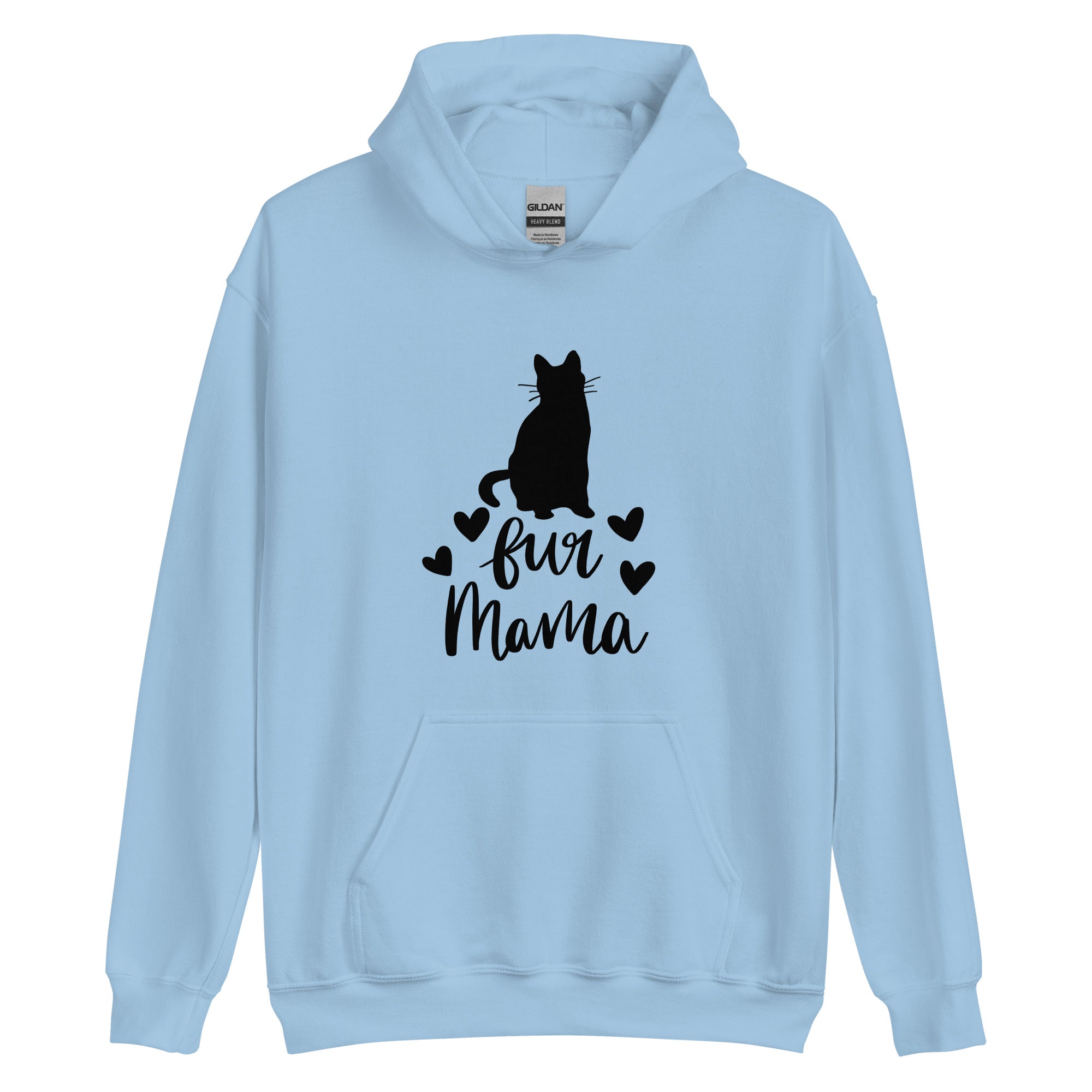 Pale blue hoodie with "fur mama" cursive text and cat silhouette and 4 hearts