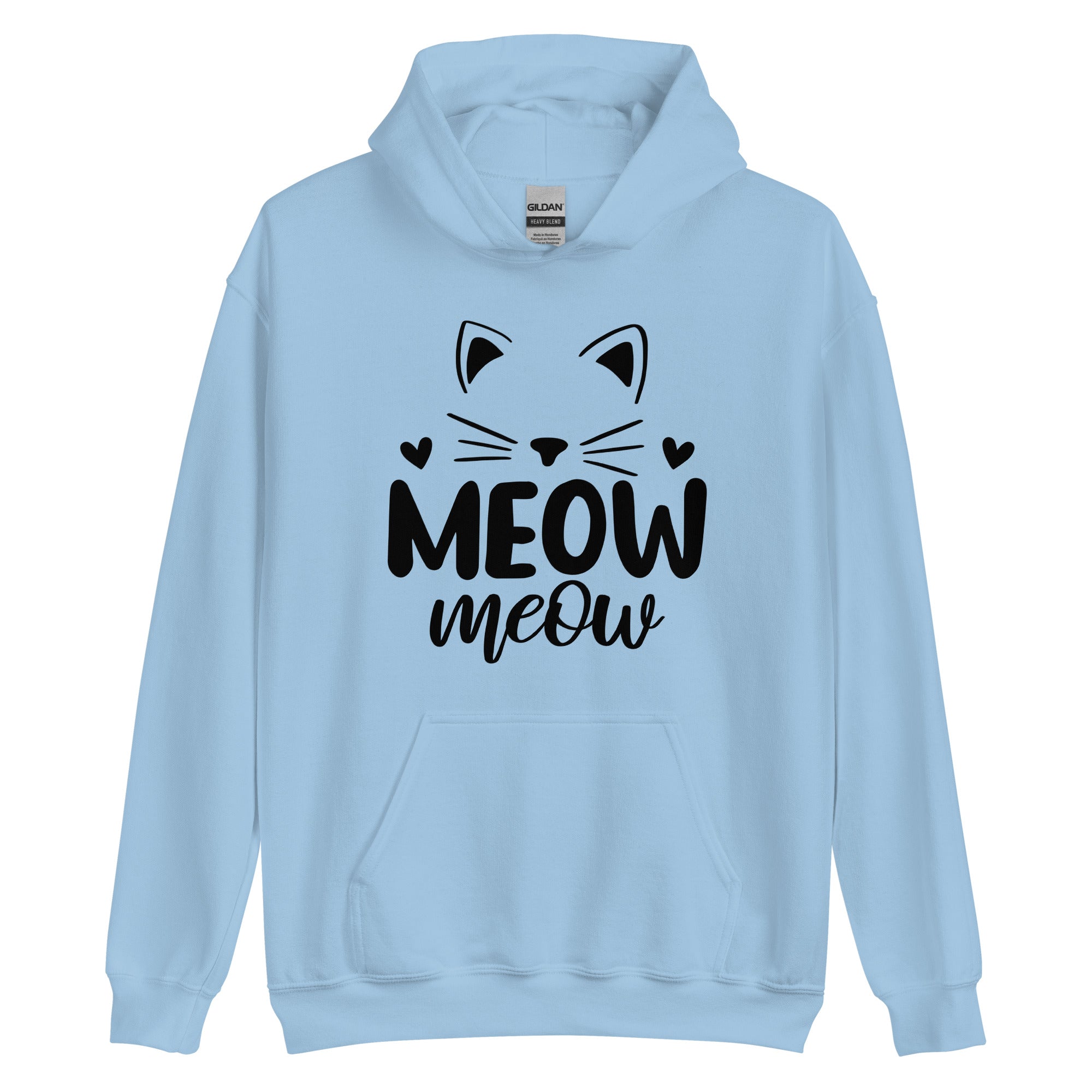 Pale blue hoodie with cat head outline over "meow meow" text