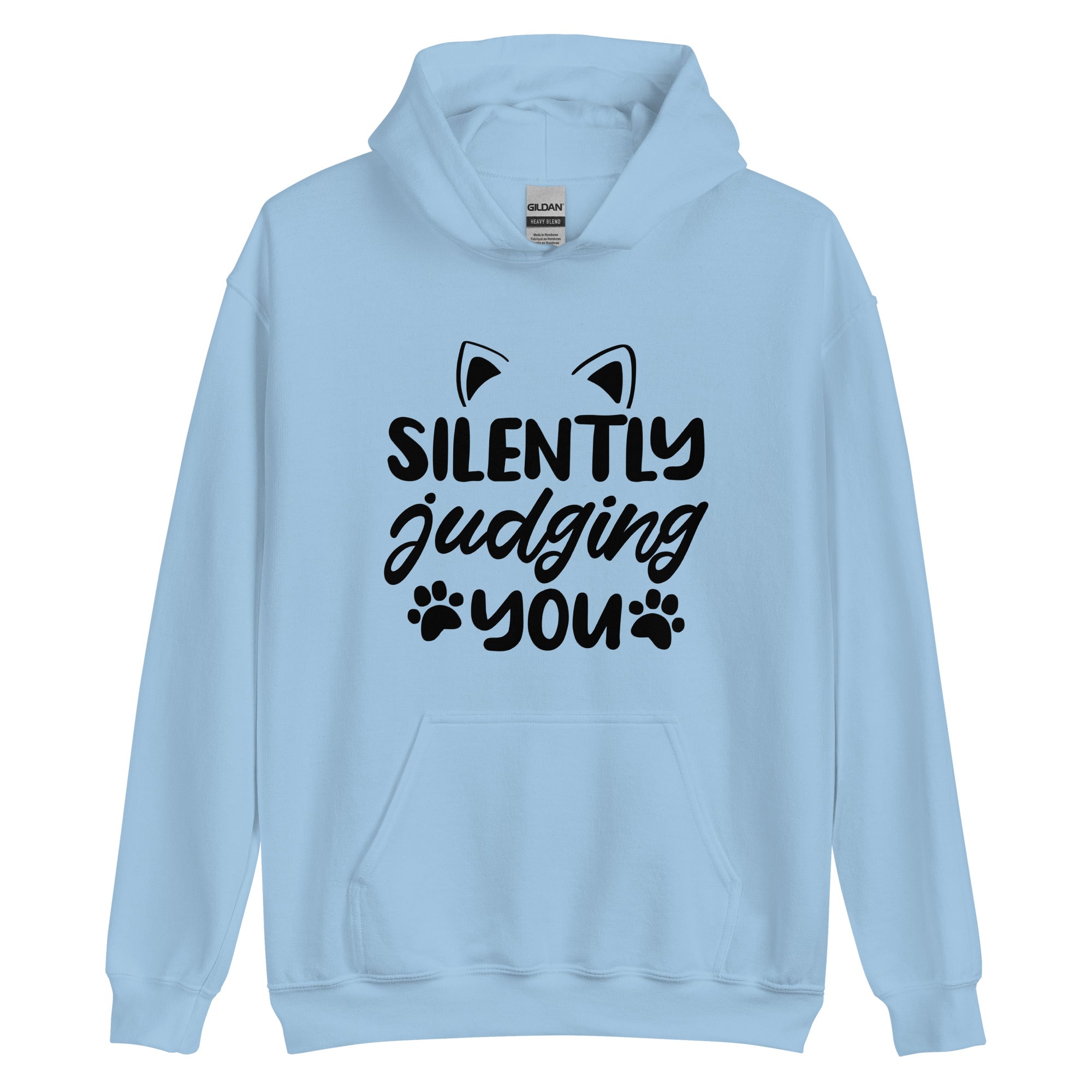 Pale blue cat hoodie with "silently judging hoodie" text and cat ear and paw print graphics