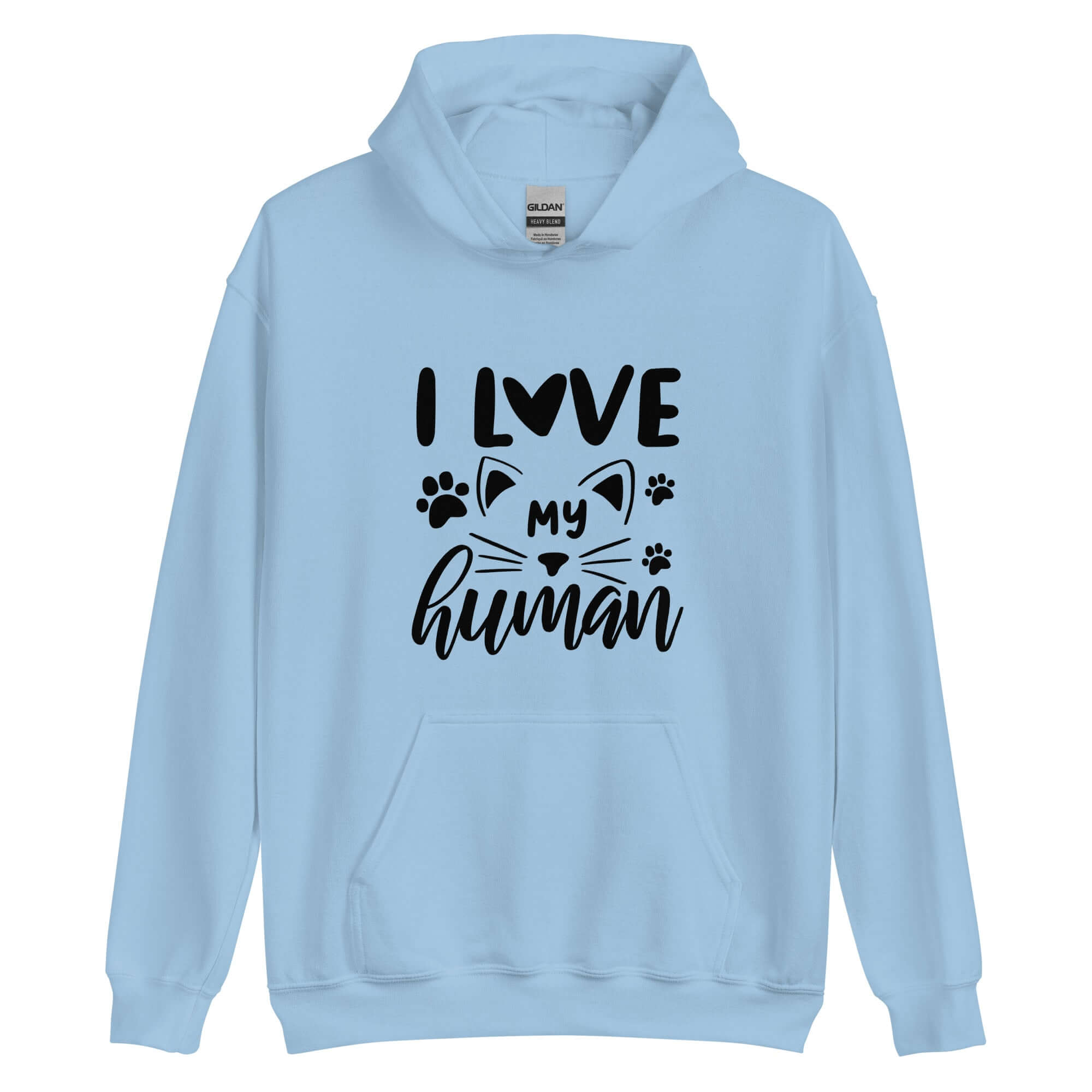 Pale blue cat hoodie "I love my human" text over cat with pawprints 