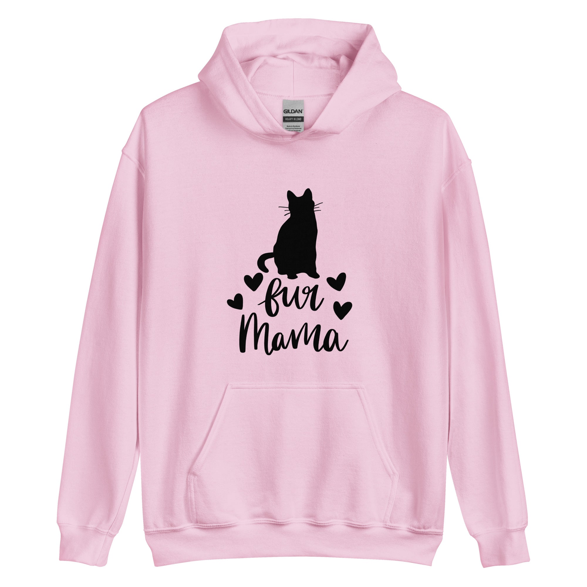 Pink hoodie with "fur mama" cursive text and cat silhouette and 4 hearts