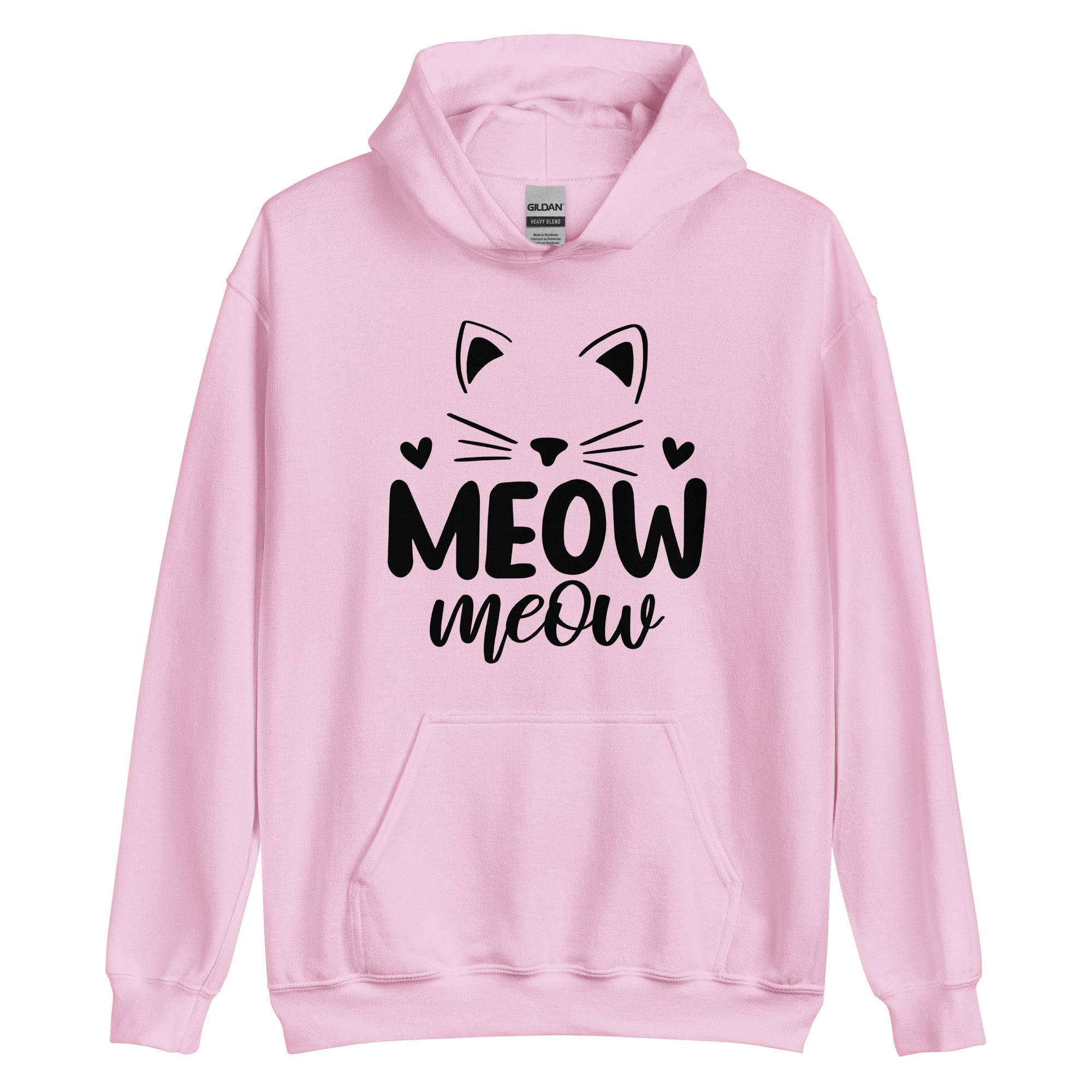 Pink hoodie with cat head outline over "meow meow" text