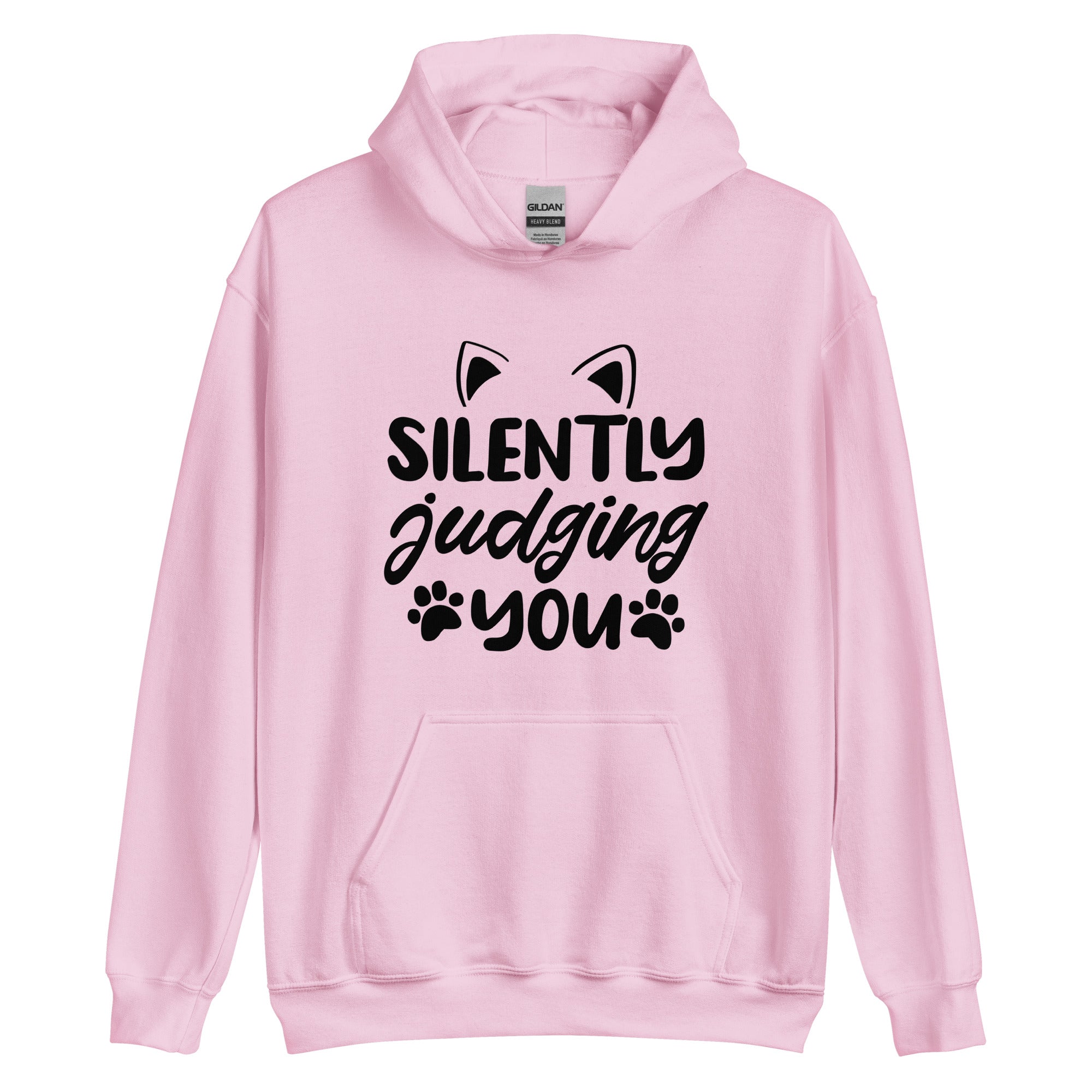 Pink cat hoodie with "silently judging hoodie" text and cat ear and paw print graphics