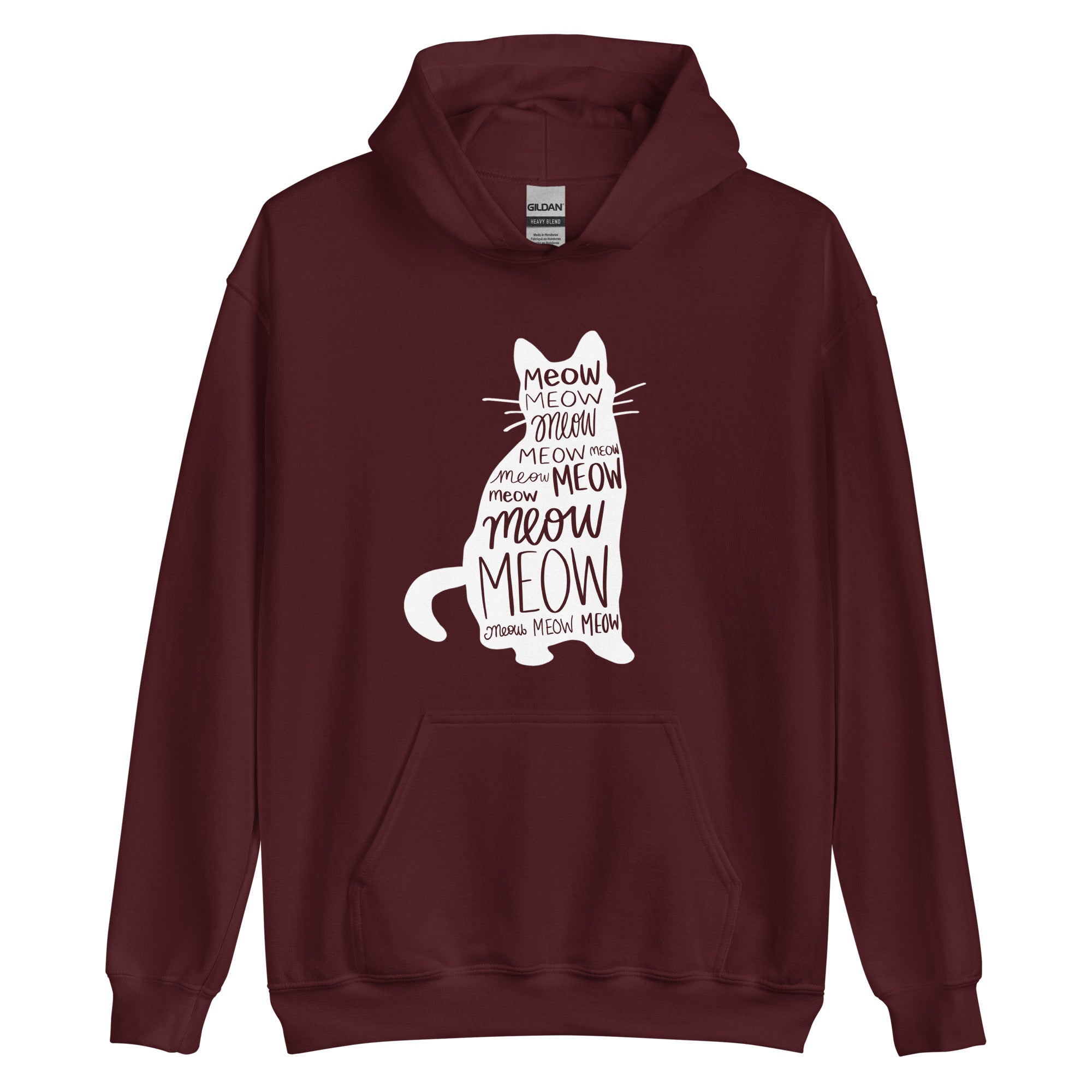 Maroon cat hoodie with meow text