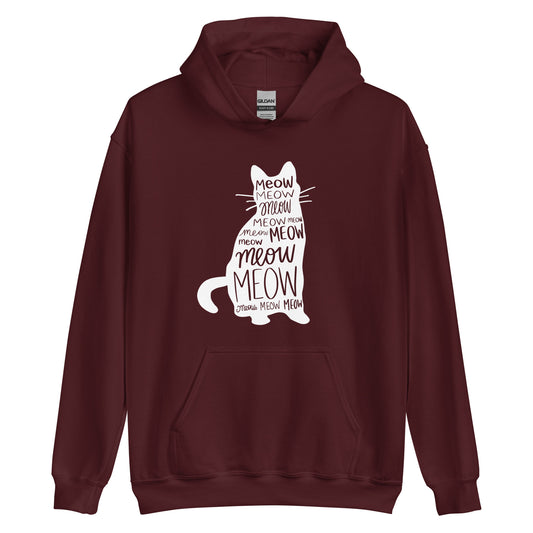 Maroon cat hoodie with meow text