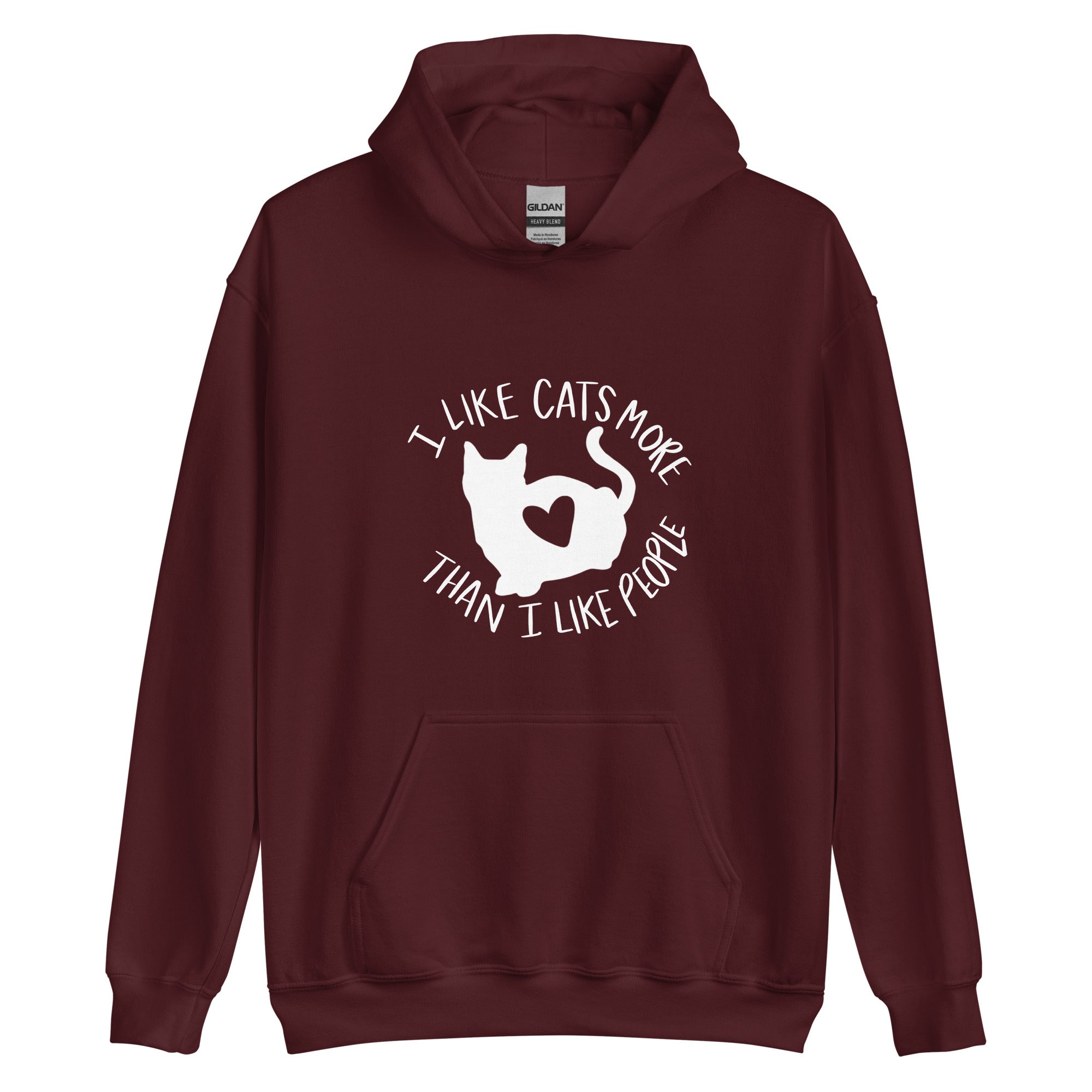 Maroon hoodie with a cat with a heart on front