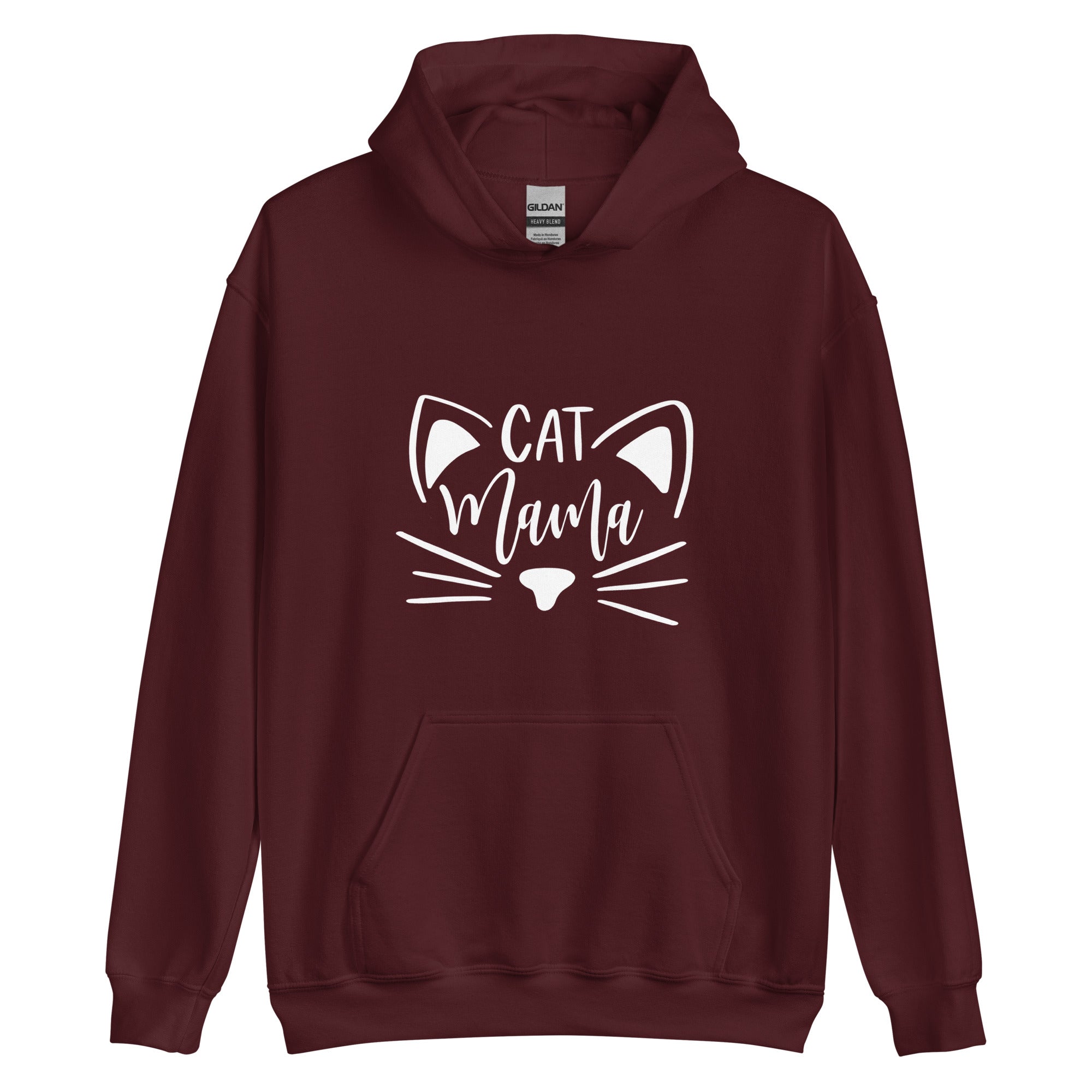 Maroon hoodie with "Cat mama" and cat face outline