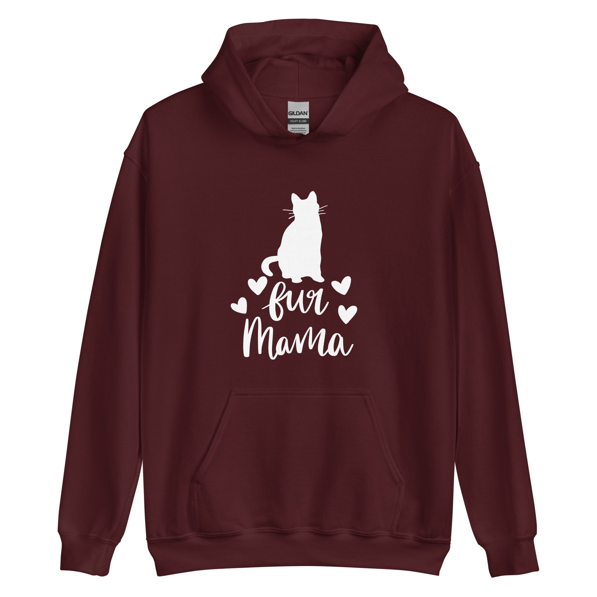 Maroon hoodie with "fur mama" cursive text and cat silhouette and 4 hearts