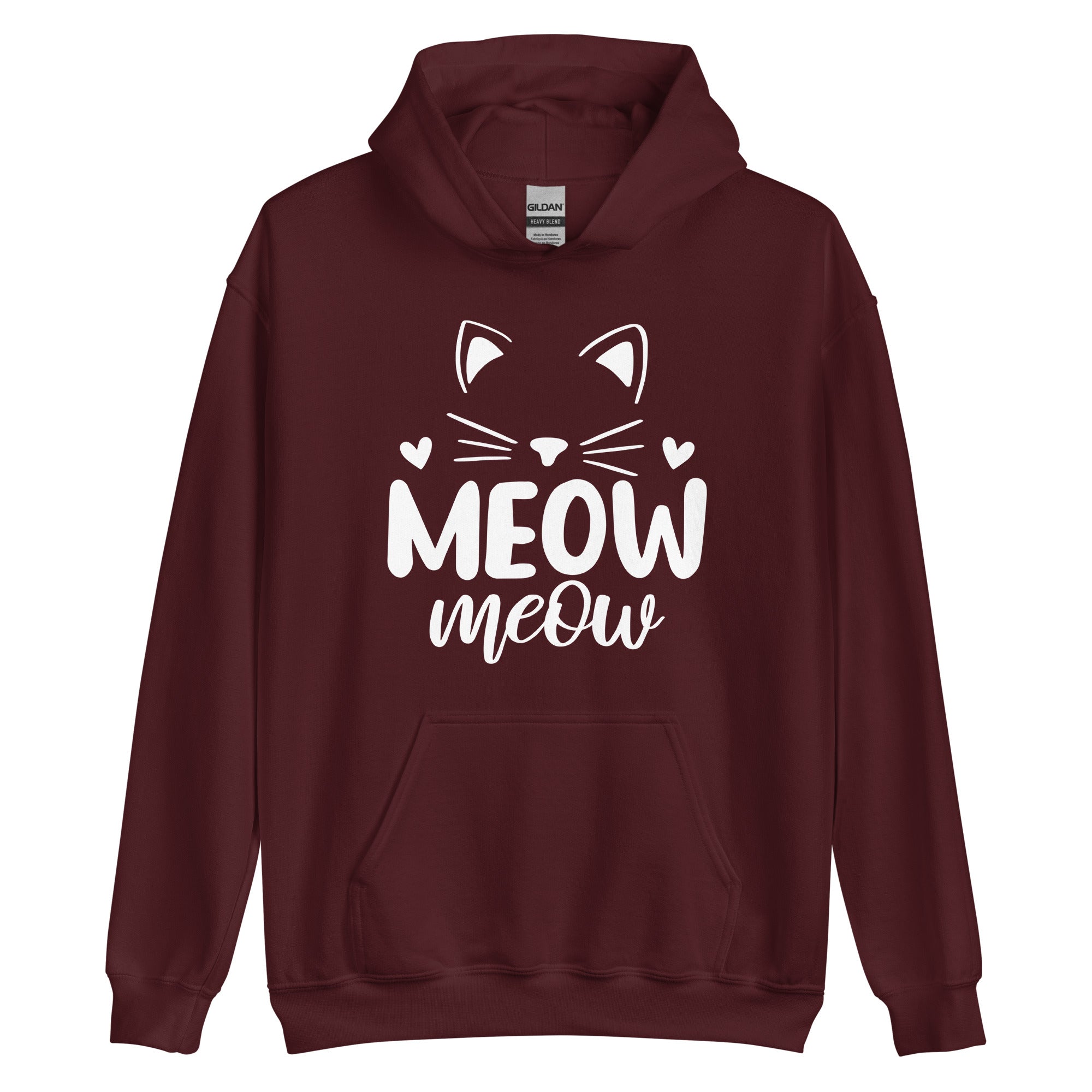 Maroon hoodie with cat head outline over "meow meow" text