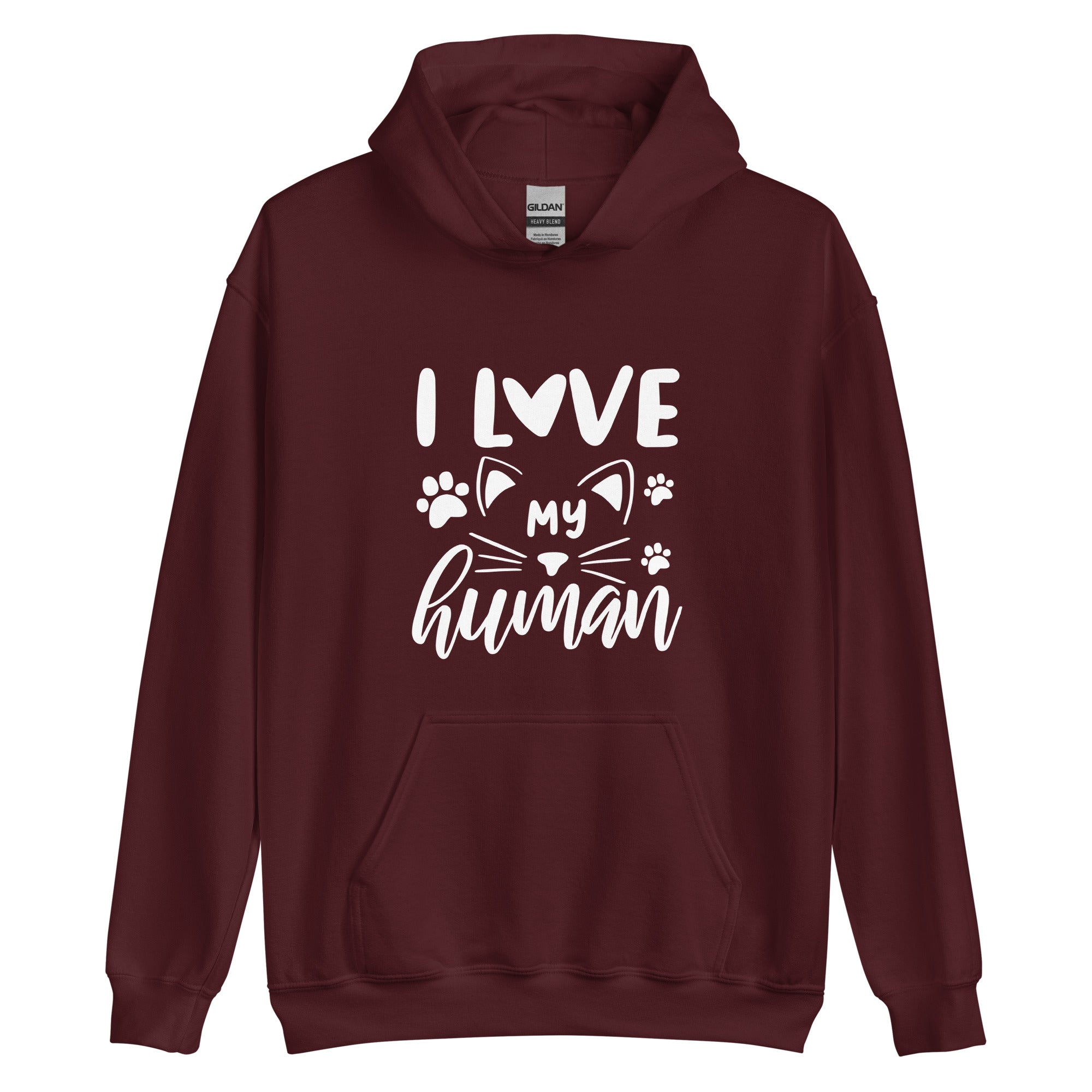 Maroon cat hoodie "I love my human" text over cat with pawprints 