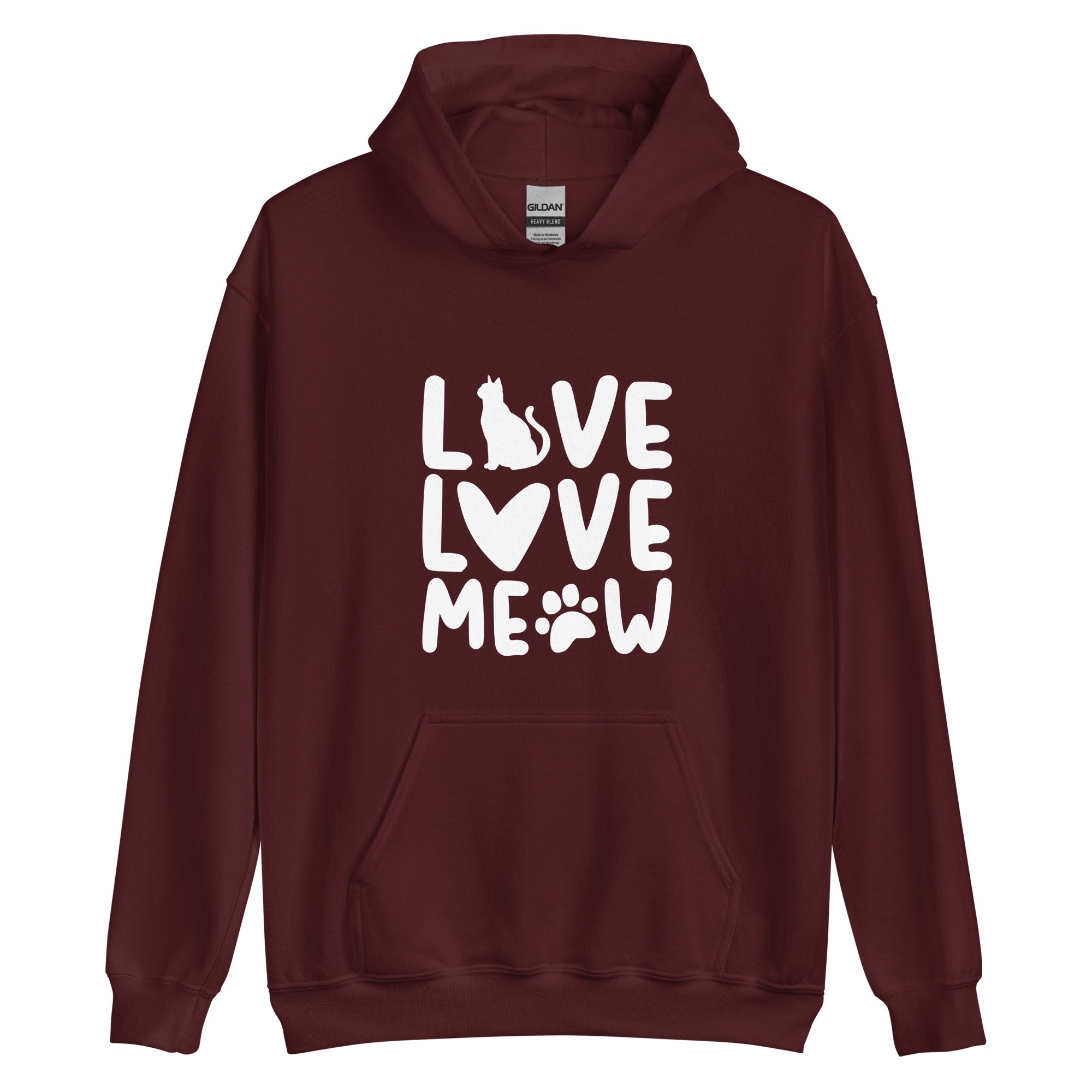 Maroon cat hoodie with "Live Love Meow" stylized text