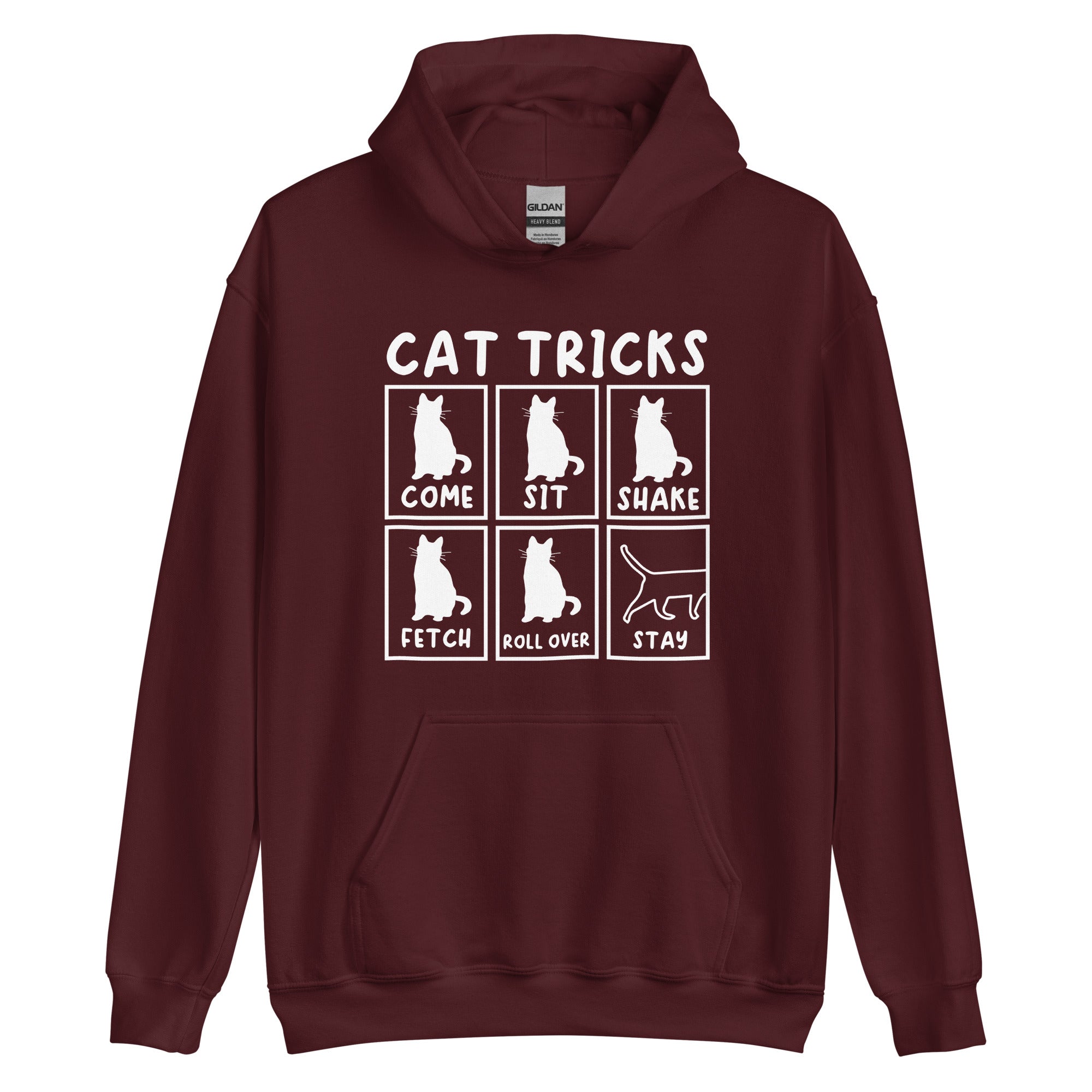 Maroon Cat Tricks hoodie with pictures of cats performing tricks