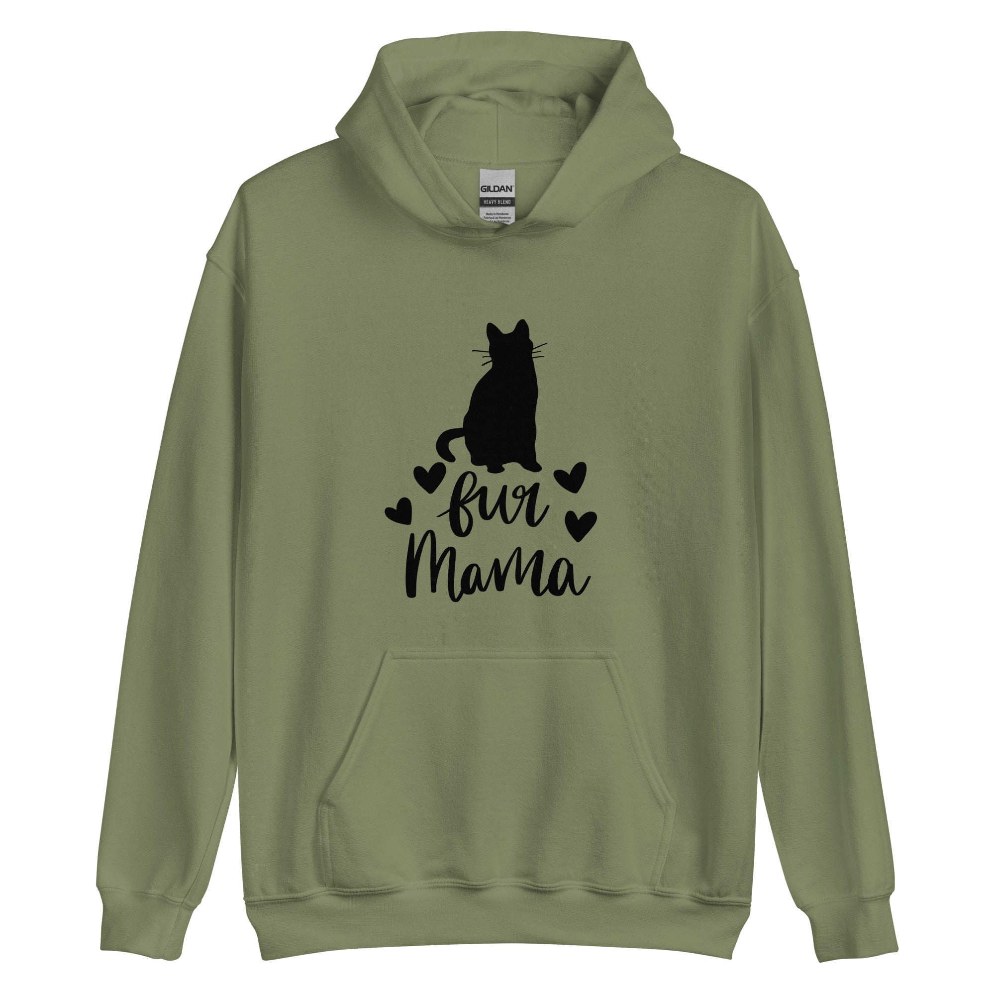 Army green hoodie with "fur mama" cursive text and cat silhouette and 4 hearts