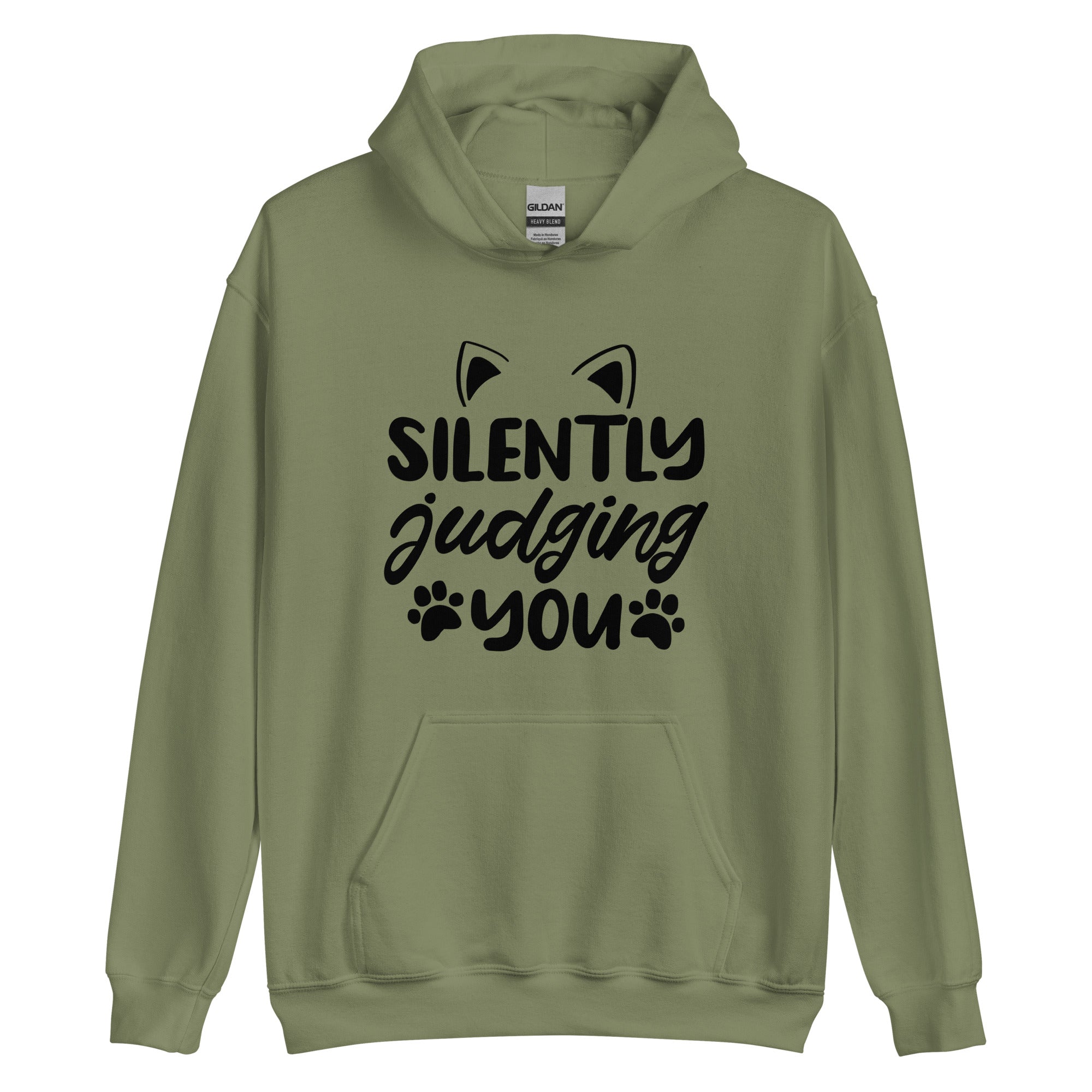 Army green cat hoodie with "silently judging hoodie" text and cat ear and paw print graphics