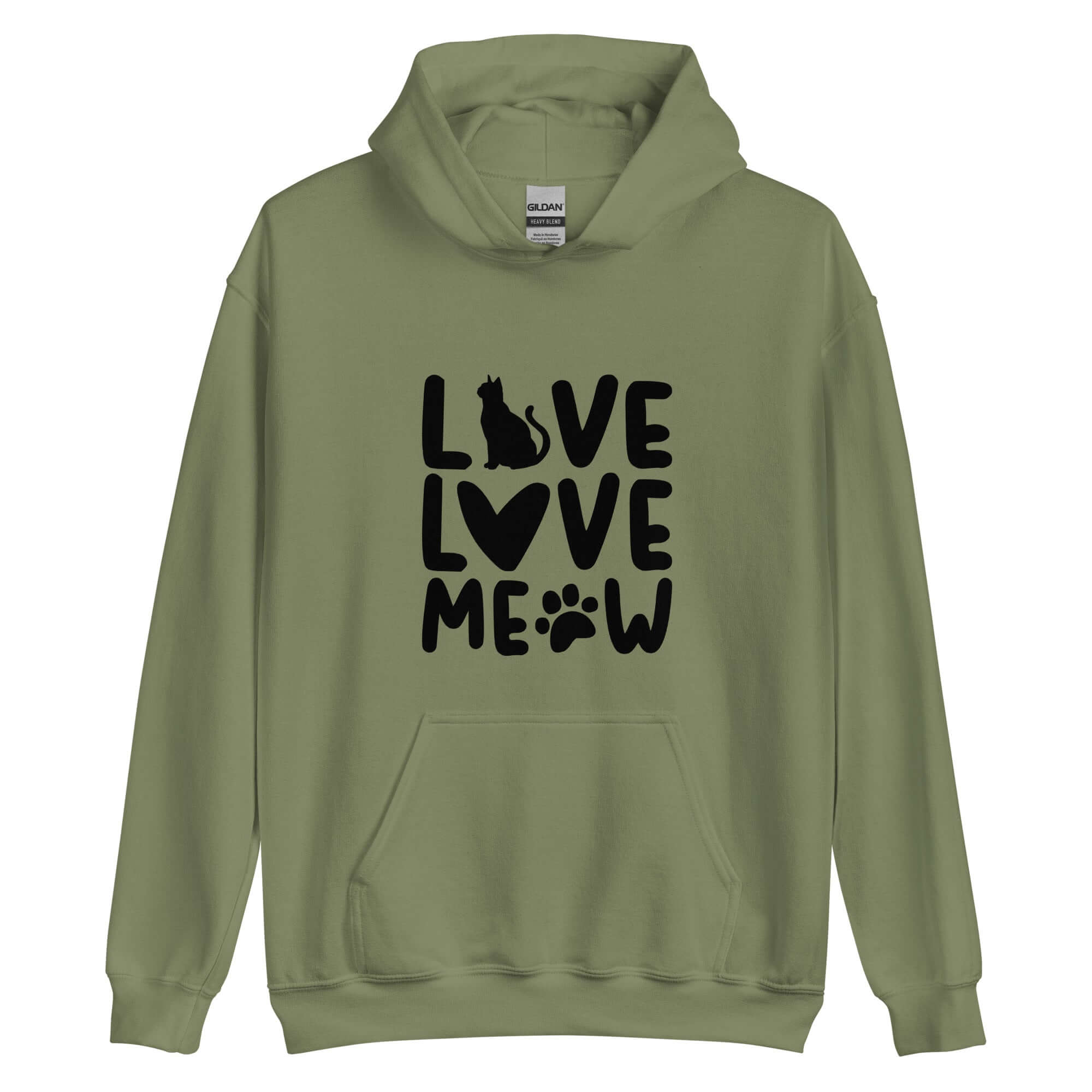 Army green cat hoodie with "Live Love Meow" stylized text