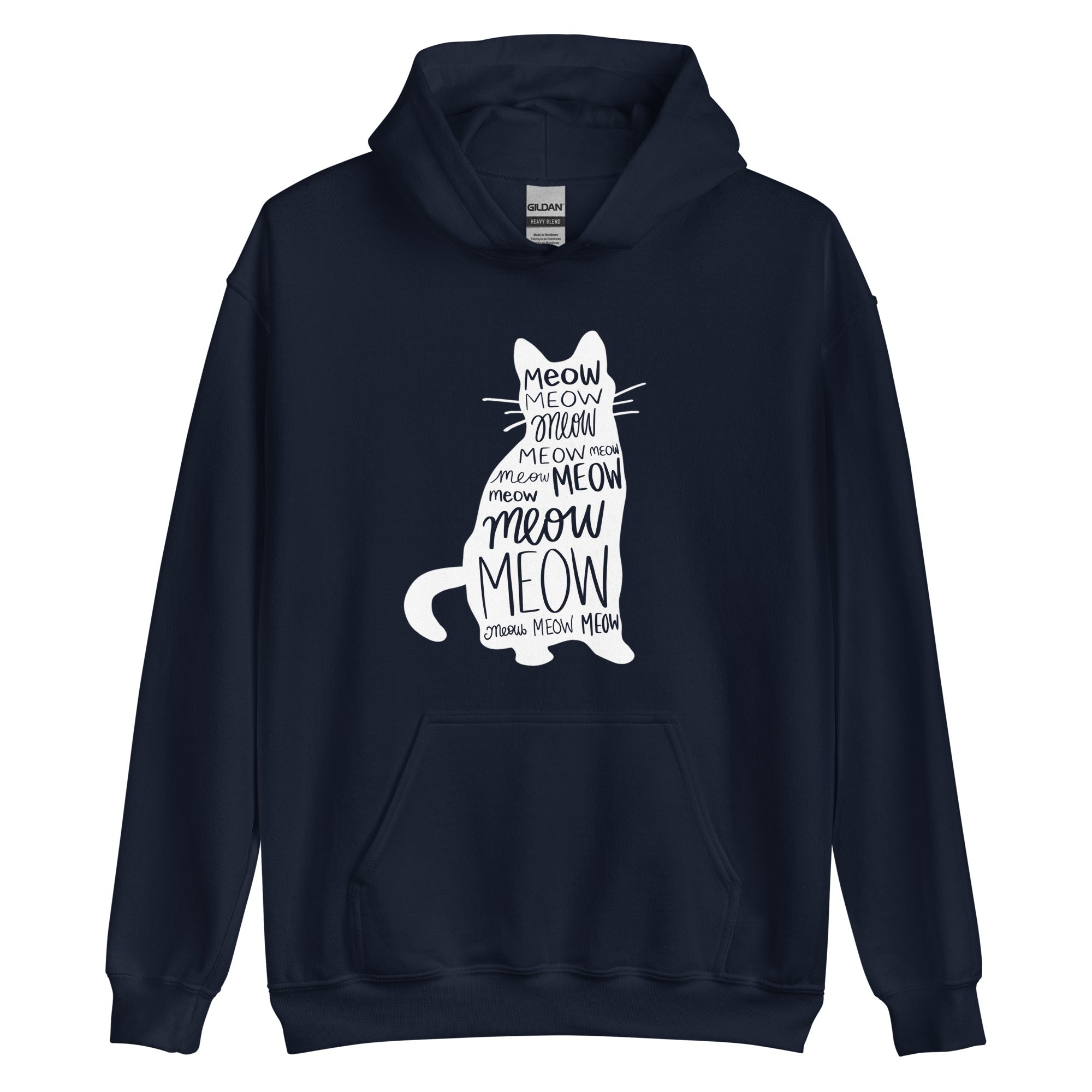 Navy blue cat hoodie with meow text