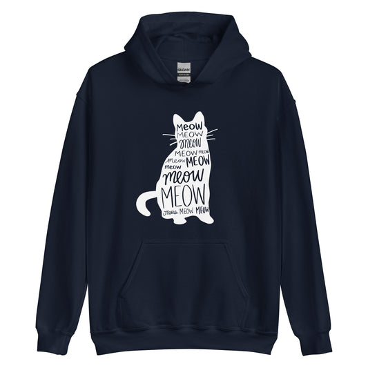 Navy blue cat hoodie with meow text