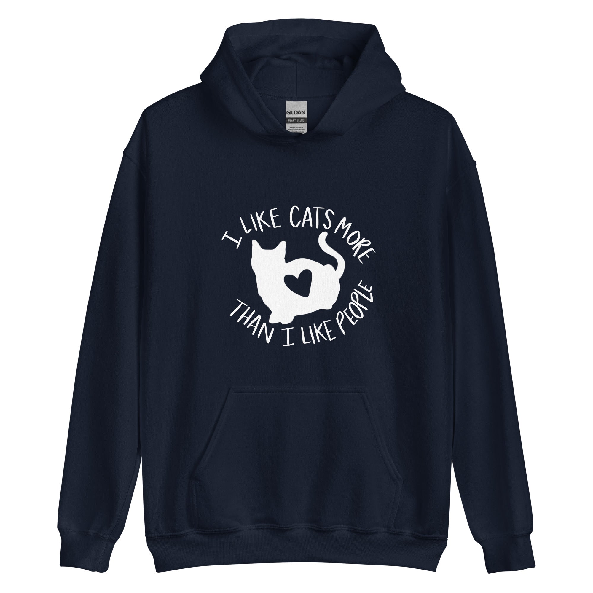 Navy blue hoodie with a cat with a heart on front