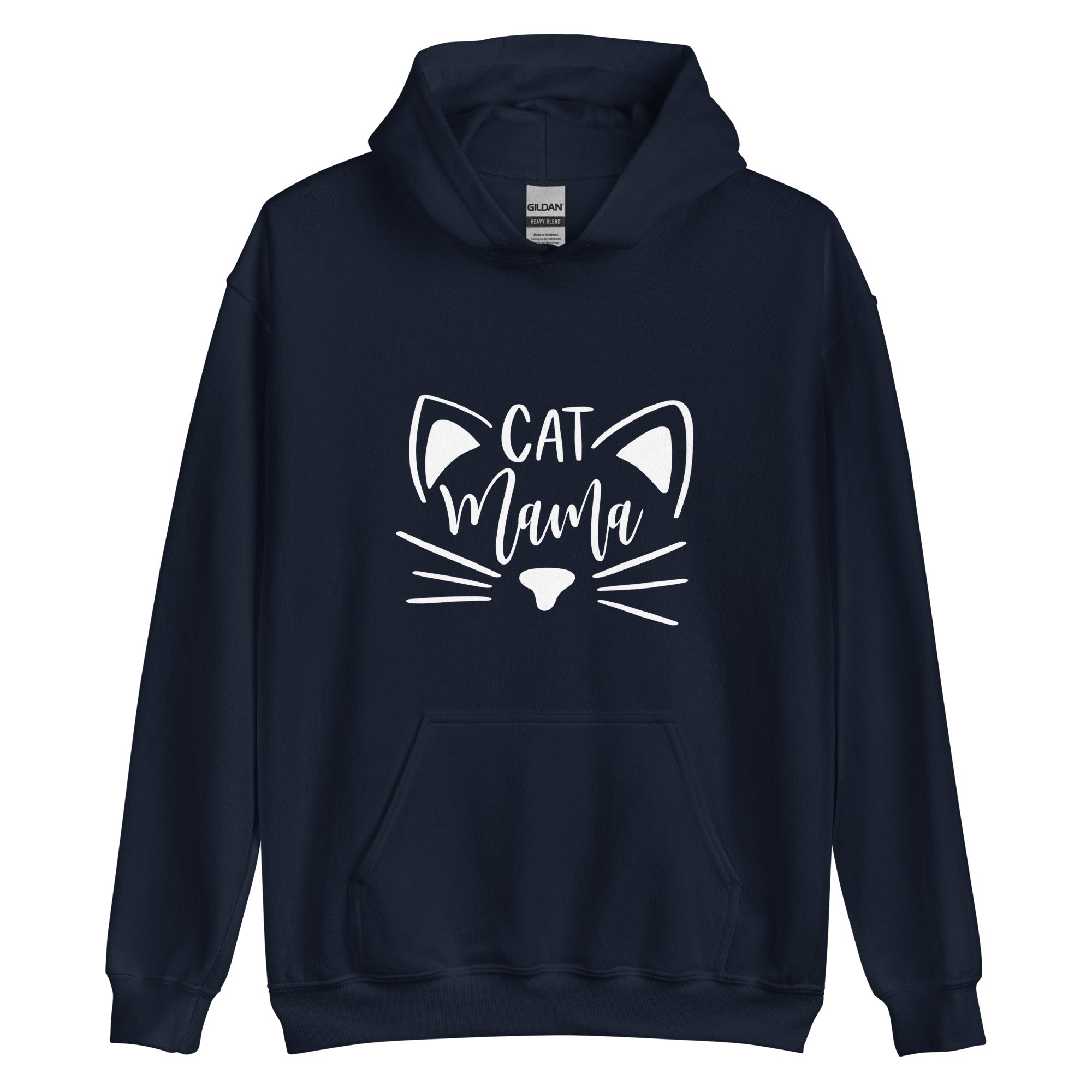 Navy blue hoodie with "Cat mama" and cat face outline